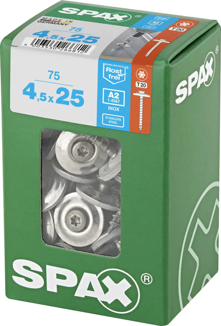 Spax Spenglerschrauben 4,5 x 25 mm T20 Vollgewinde - 75 Stk.  Spax Spenglerschrauben 4,5 x 25 mm T20 Vollgewinde - 75 Stk.