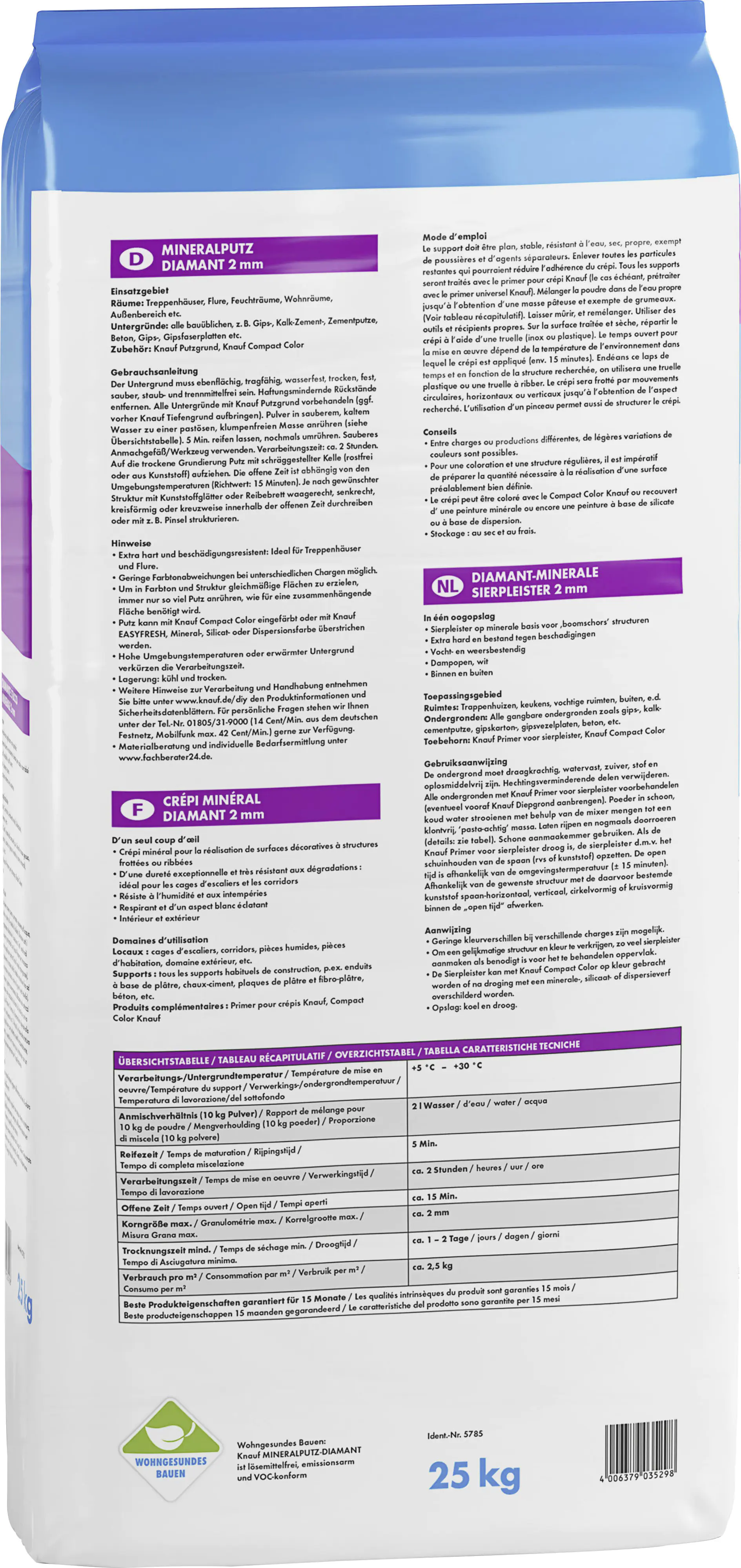 Knauf Mineralputz Diamant 25 kg 2 mm Körnung reinweiß