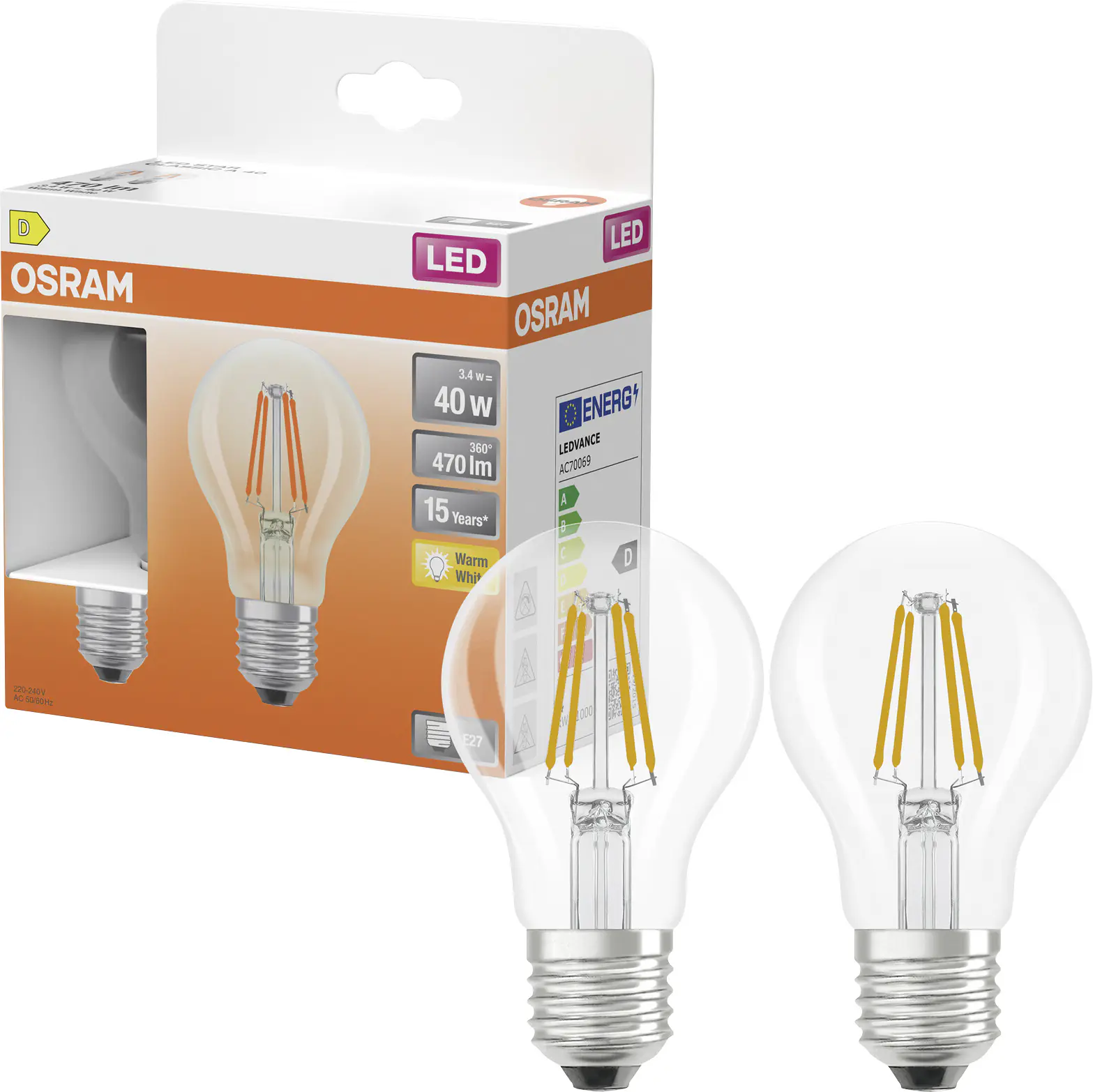 Osram LED Leuchtmittel E27 2er Pack Star Classic 3,4W klar warmweiß