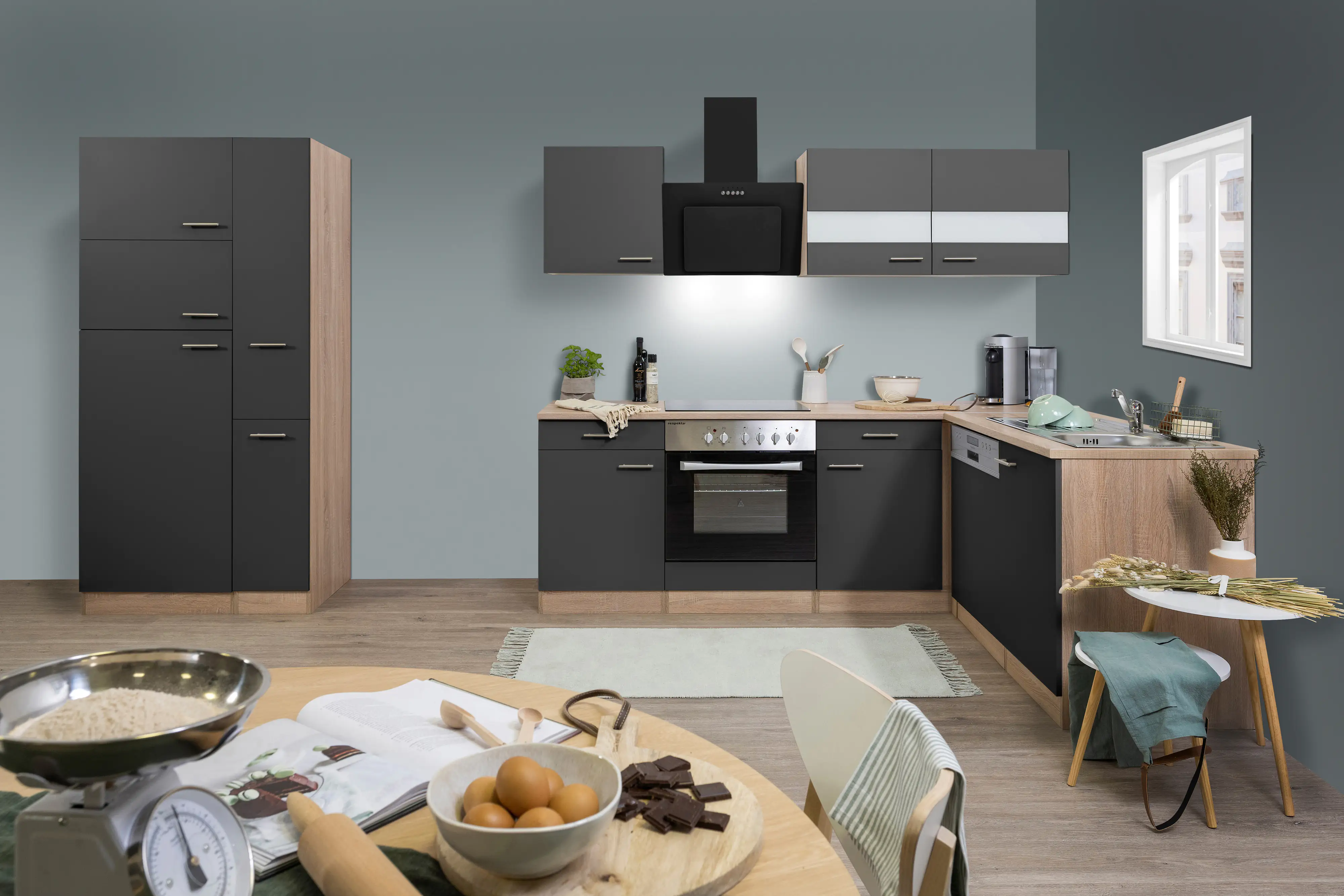 Respekta Küchenzeile L-Form Economy mit Geräte grau 310 x 172 cm