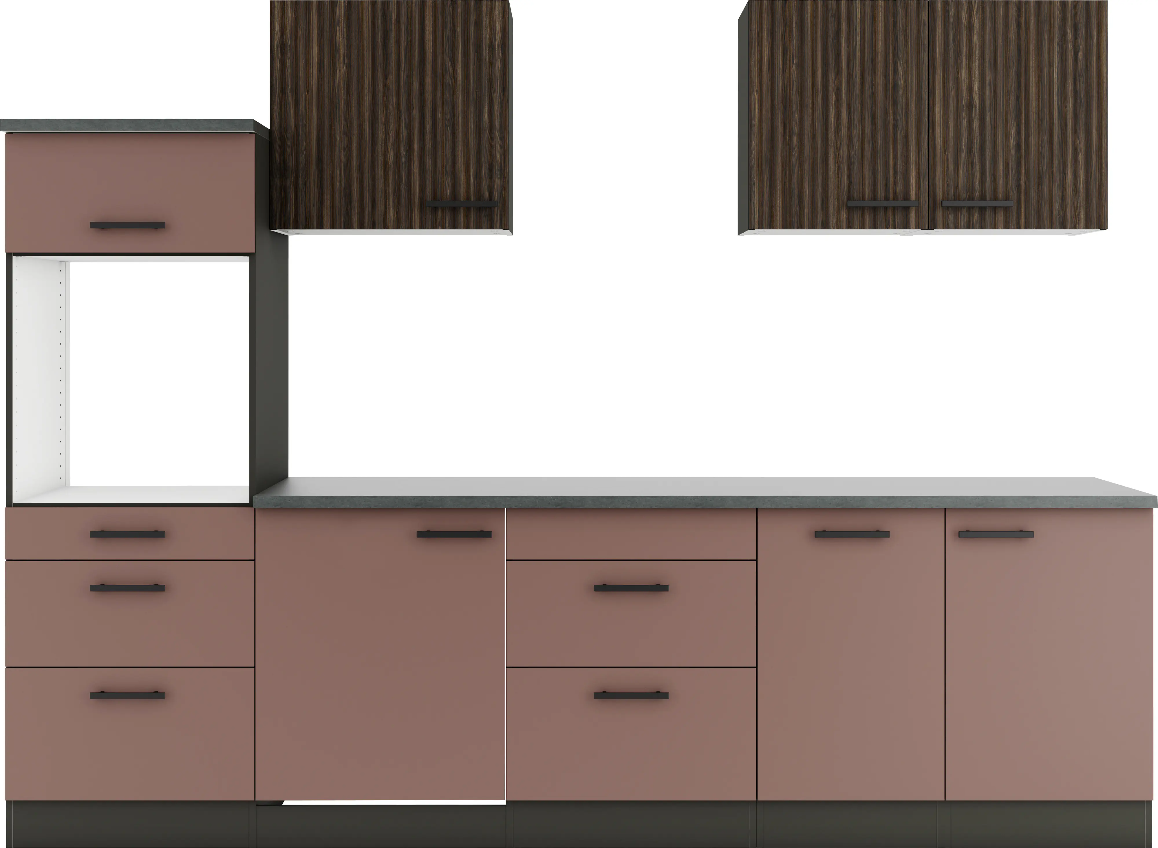 Optifit Küchenzeile Rimini 409/Nizza 407 ohne Geräte nussbaum/rostrot 270 cm