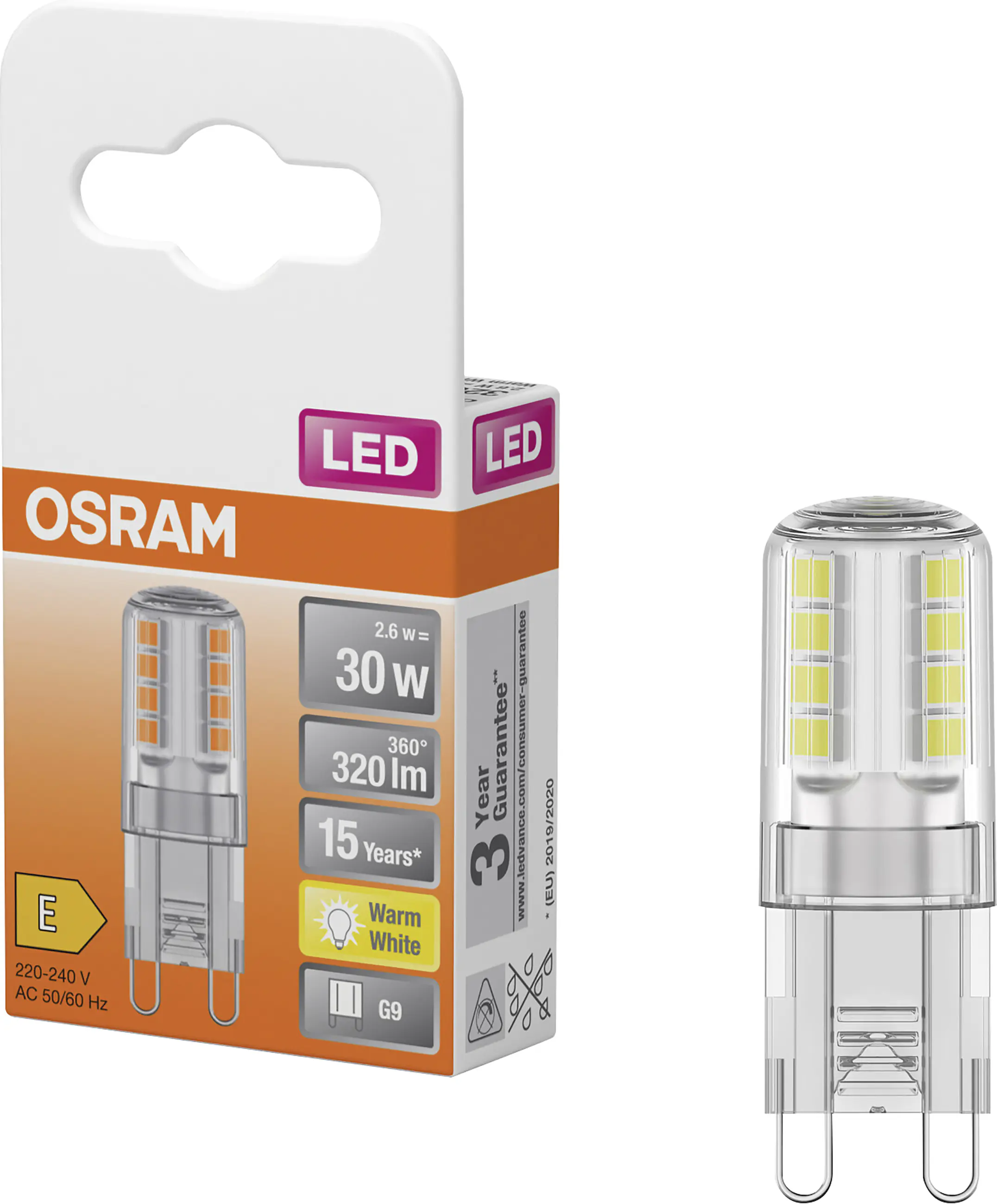 Osram LED Stiftsockellampe 30 G9 2,6W warmweiß, klar