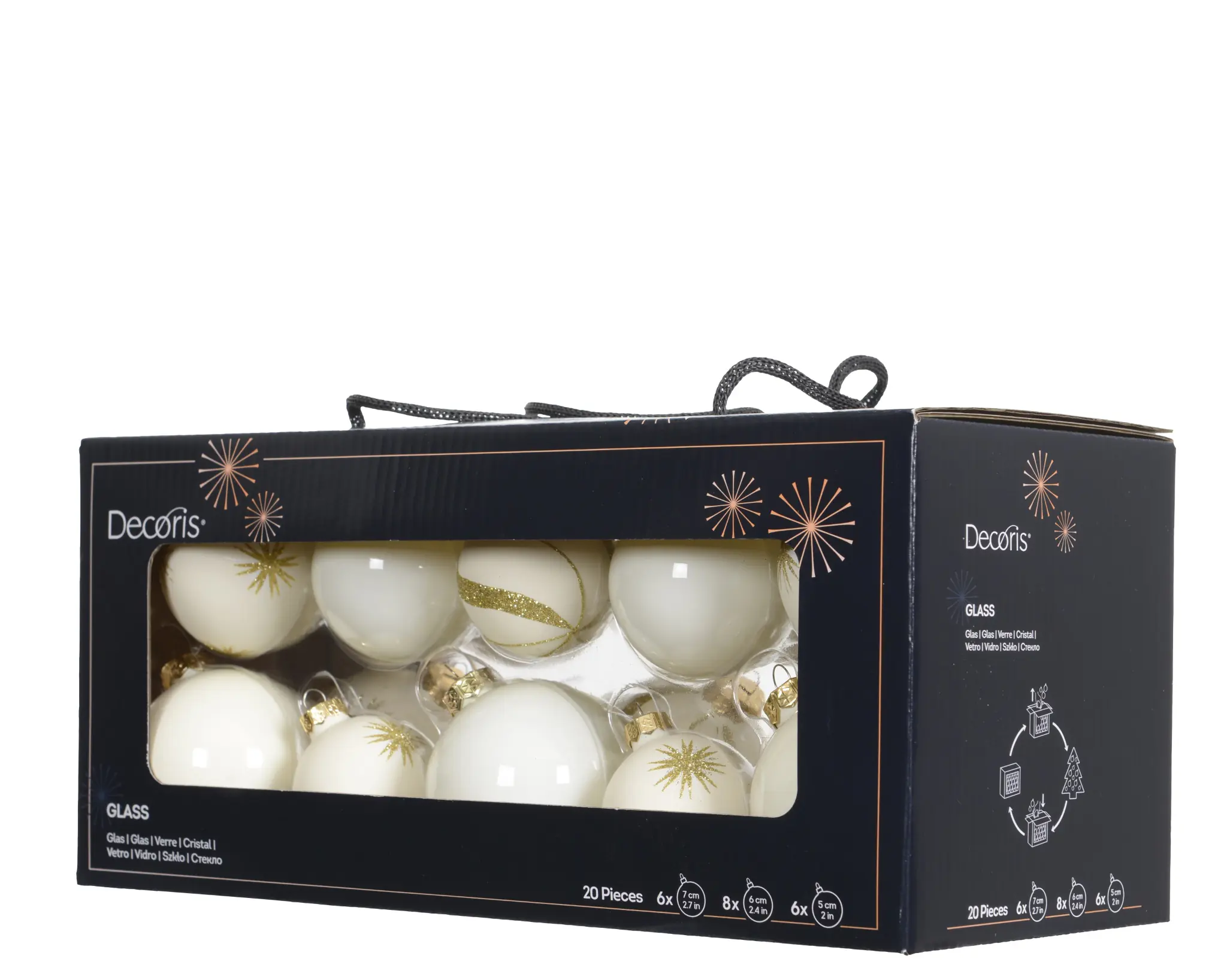 Decoris Weihnachtskugeln aus Glas Ø 5, 6, 7 cm wollweiß-gold 20 Stück