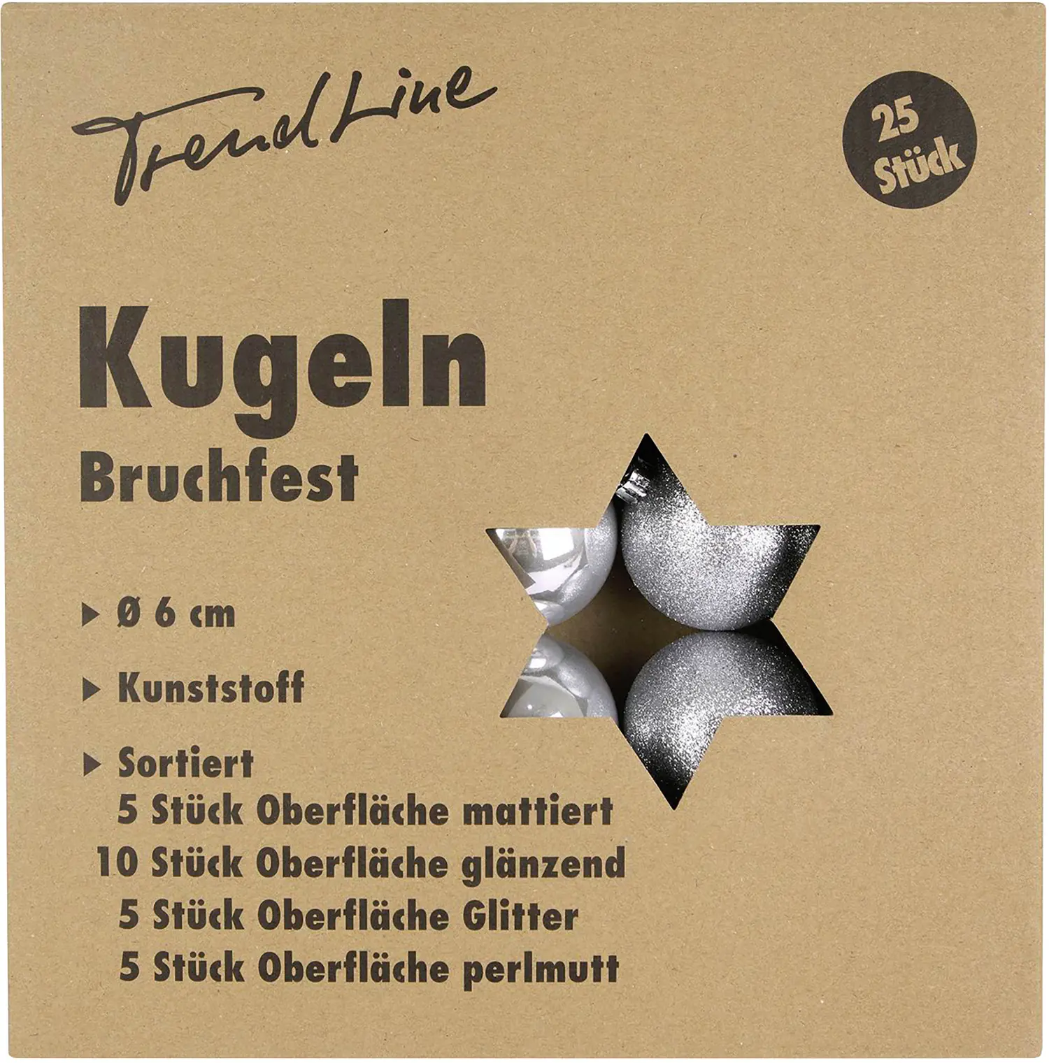 TrendLine Weihnachtskugeln bruchfest, langlebig Ø 6 cm silber 25 Stück