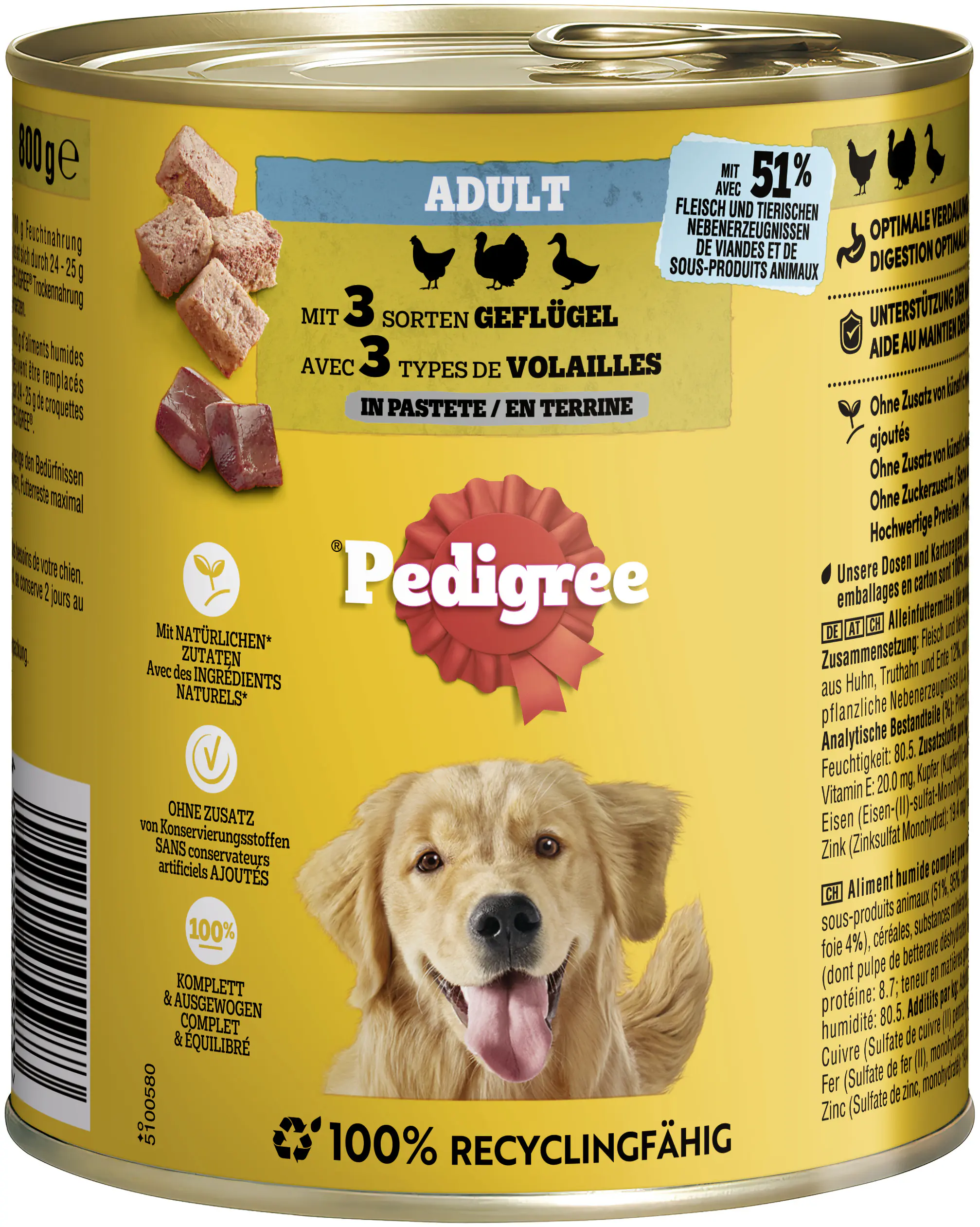 Pedigree Classic Hundenassfutter Adult 800 g Huhn, Truthahn und Ente