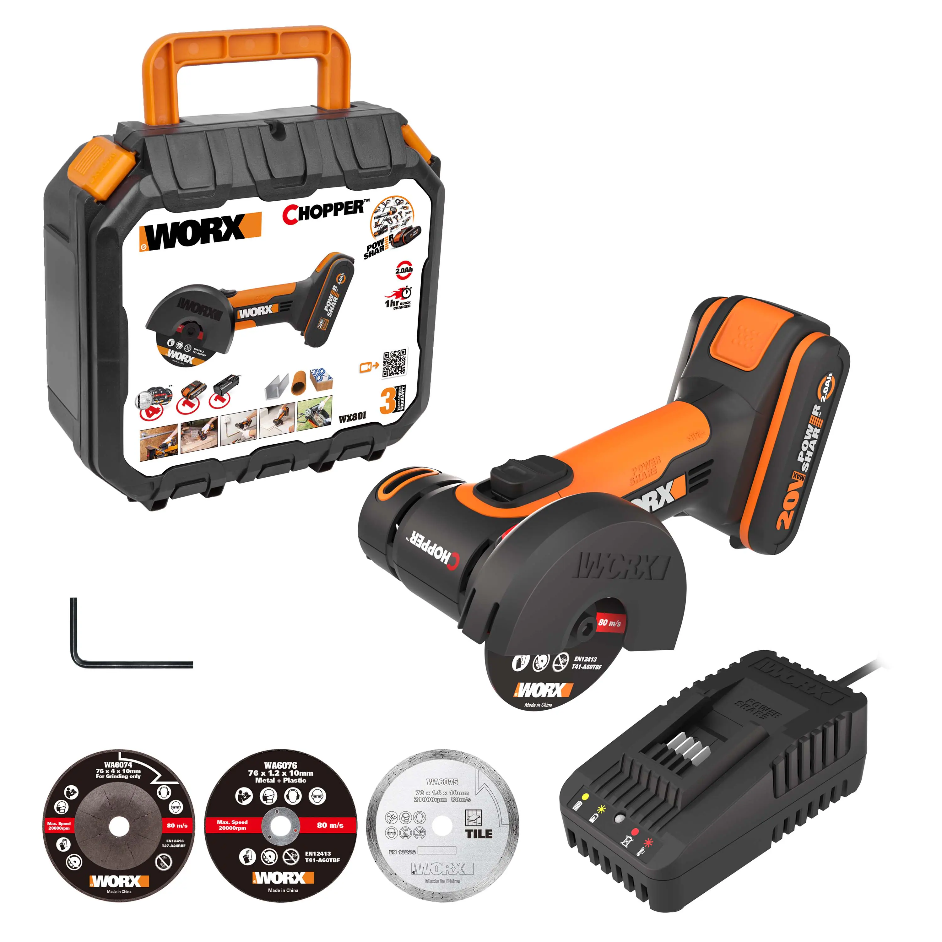 Worx Mini Akku-Winkelschleifer Chopper WX801 20 V inkl. Akku 2 Ah & Ladegerät Worx Mini Akku-Winkelschleifer Chopper WX801 20 V inkl. Akku 2 Ah & Ladegerät