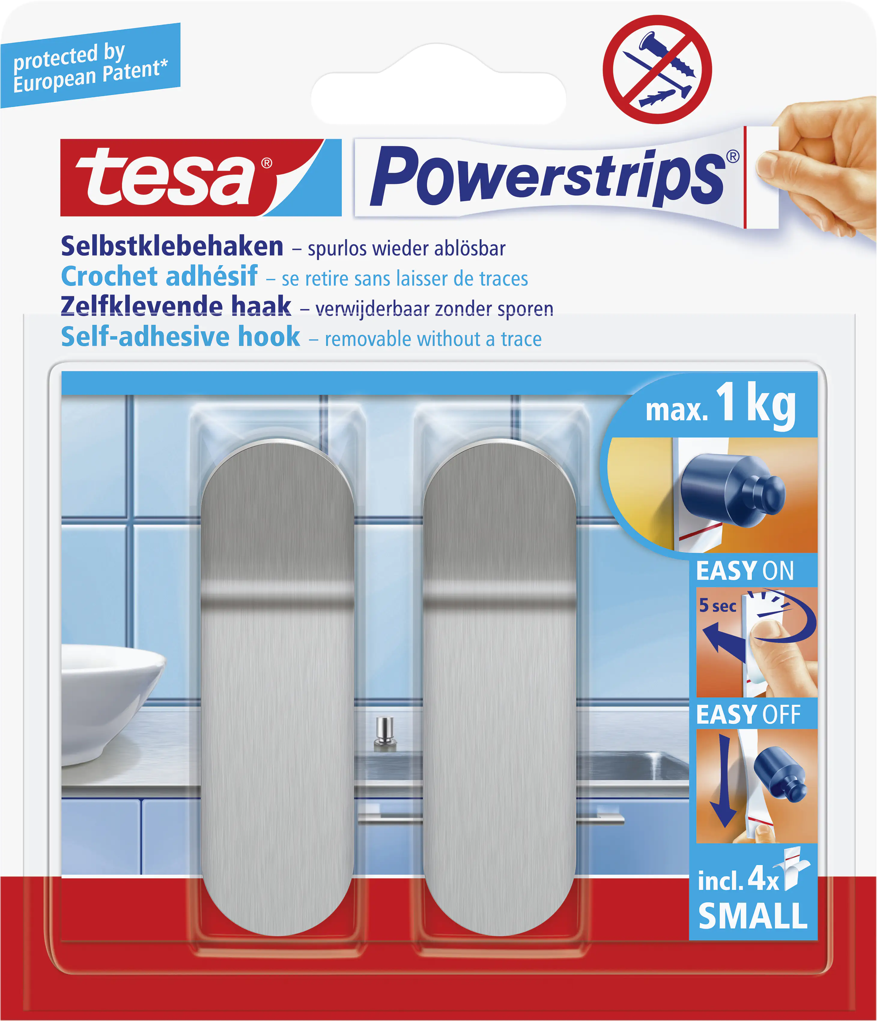 tesa Powerstrips Haken Small rechteckig, Edelstahl