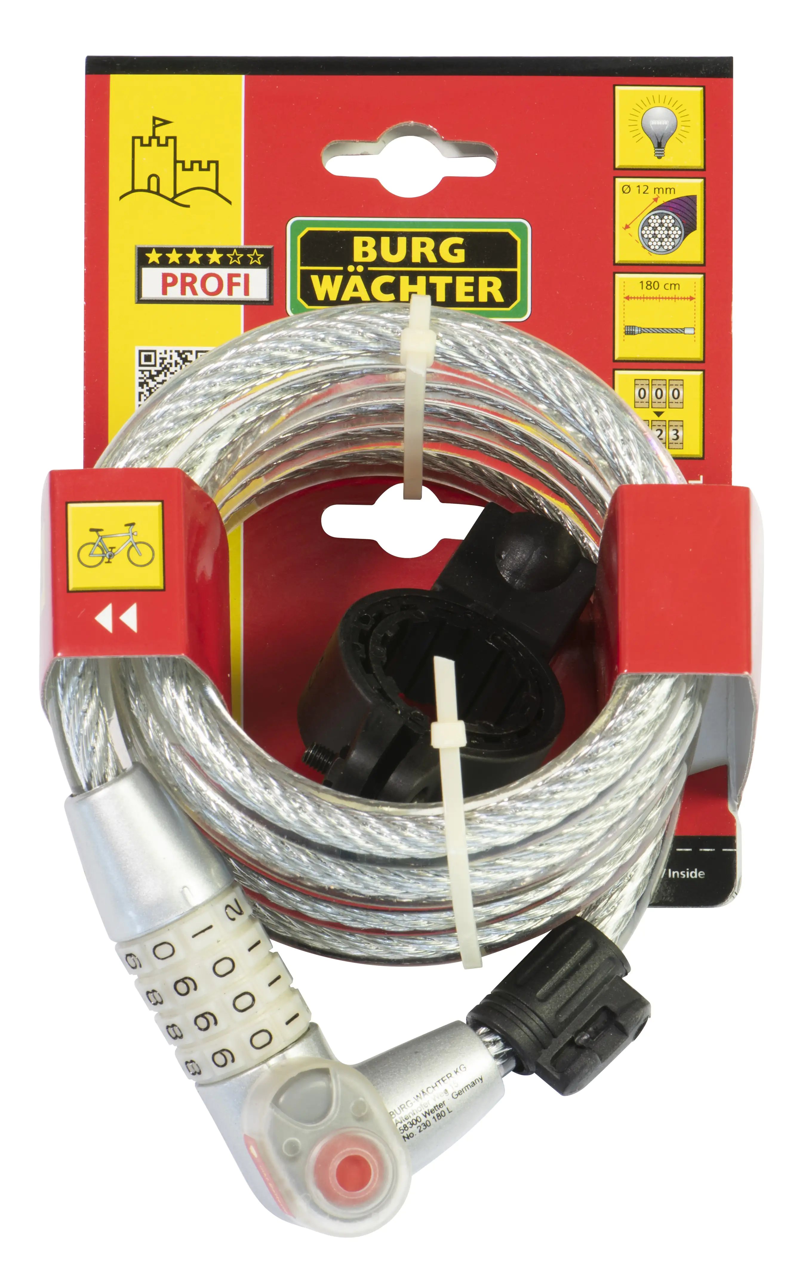 Burg Wächter Spiralkabelschloss 230 180 L 1800mm Ø 12mm schwarz oder silber