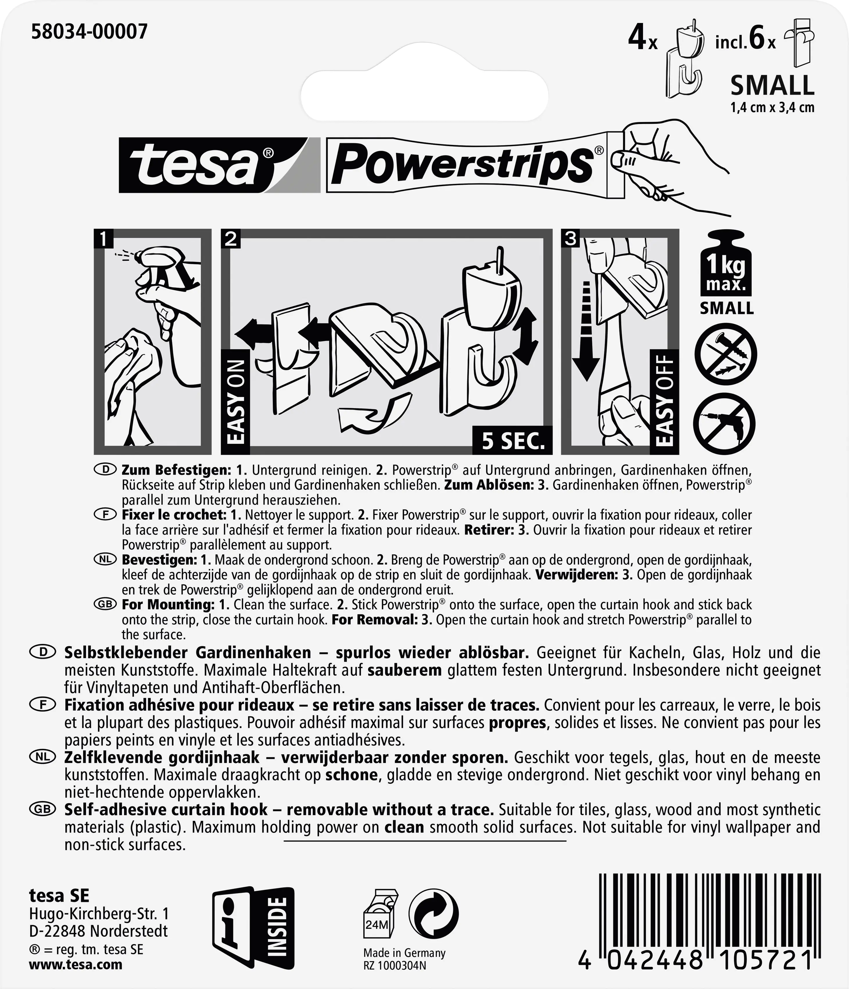 tesa Gardinenhaken Powerstrip 4er-Set, weiß