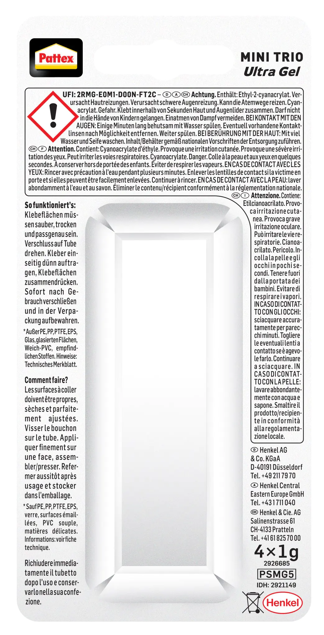 Pattex Sekundenkleber Ultra Gel Mini Trio 3 x 1 g Tube, farblos Pattex Sekundenkleber Ultra Gel Mini Trio 3 x 1 g Tube, farblos