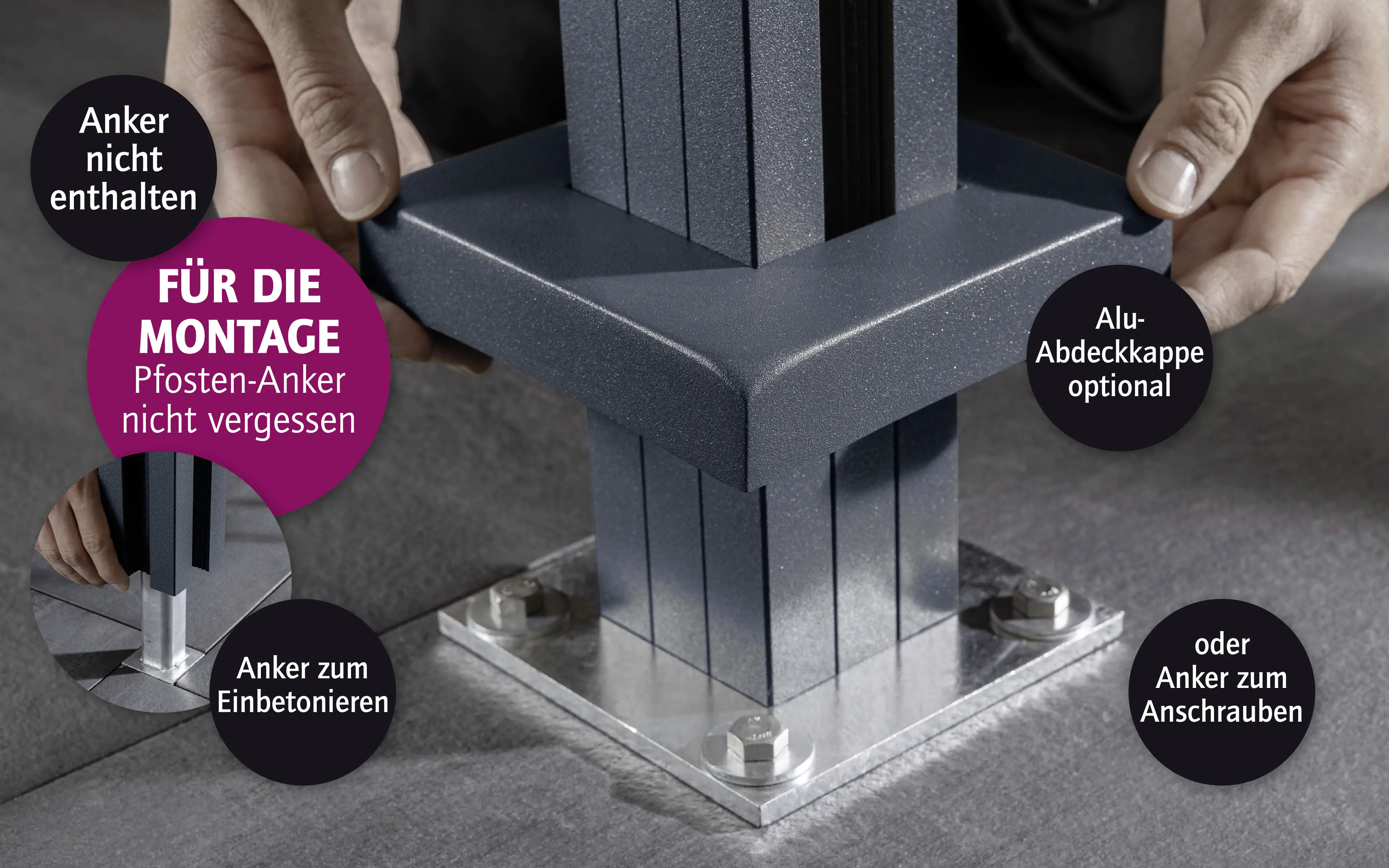 Ambiente Aluminium-Pfosten 127 cm, 68 x 68 mm, Anthrazit Struktur 7016