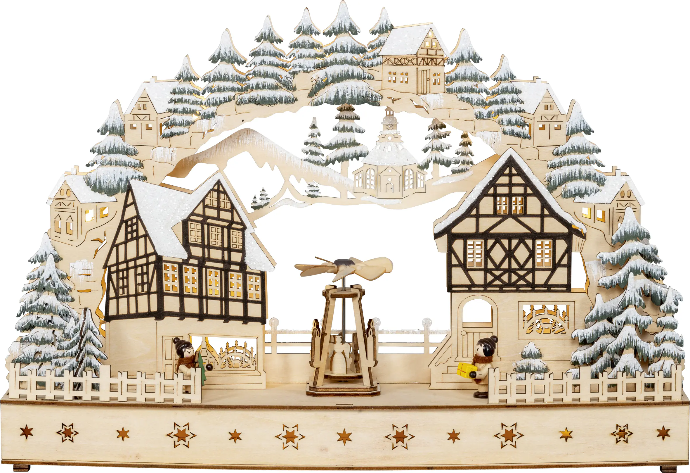 Saico Lichterbogen LED Fachwerkhäuser mit drehender Pyramide Holz 45 cm warmweiß natur 