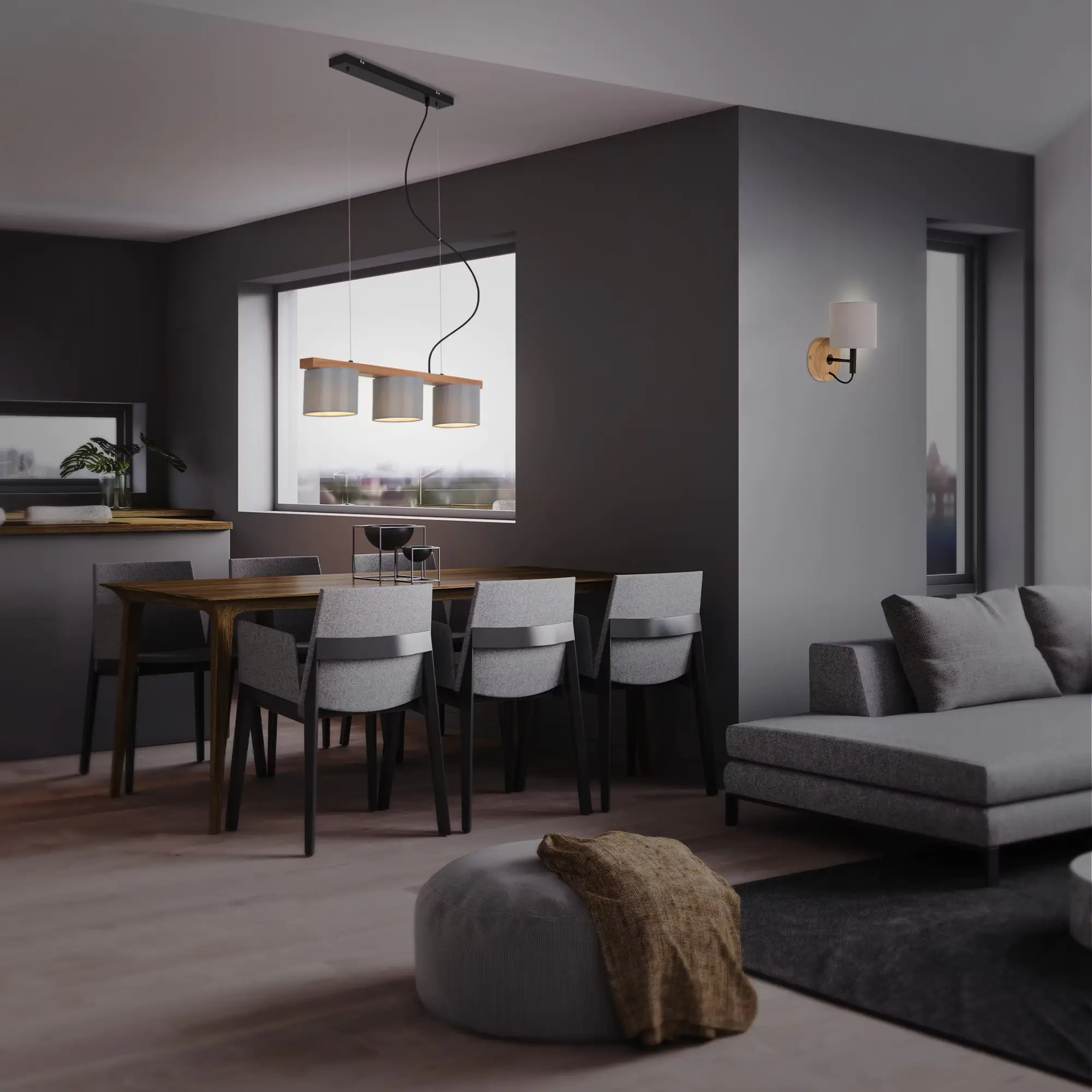 Briloner Pendelleuchte grau mit Holz Stoff 3xE14 exklusive Briloner Pendelleuchte grau mit Holz Stoff 3xE14 exklusive