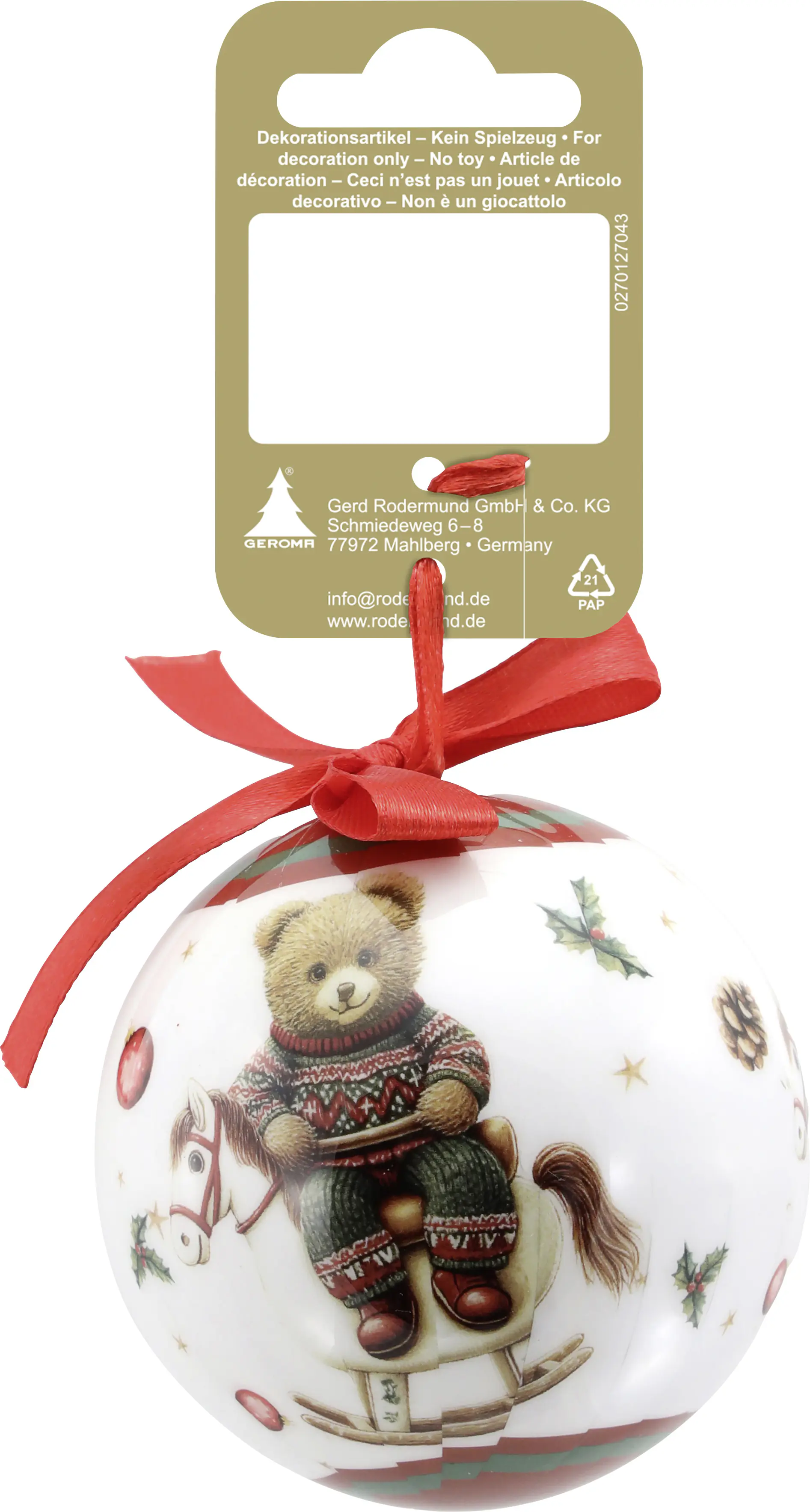 Weihnachtskugel Nostalgie Bär auf Schaukelpferd aus Kunststoff Ø 8 cm grün/weiß/braun/rot