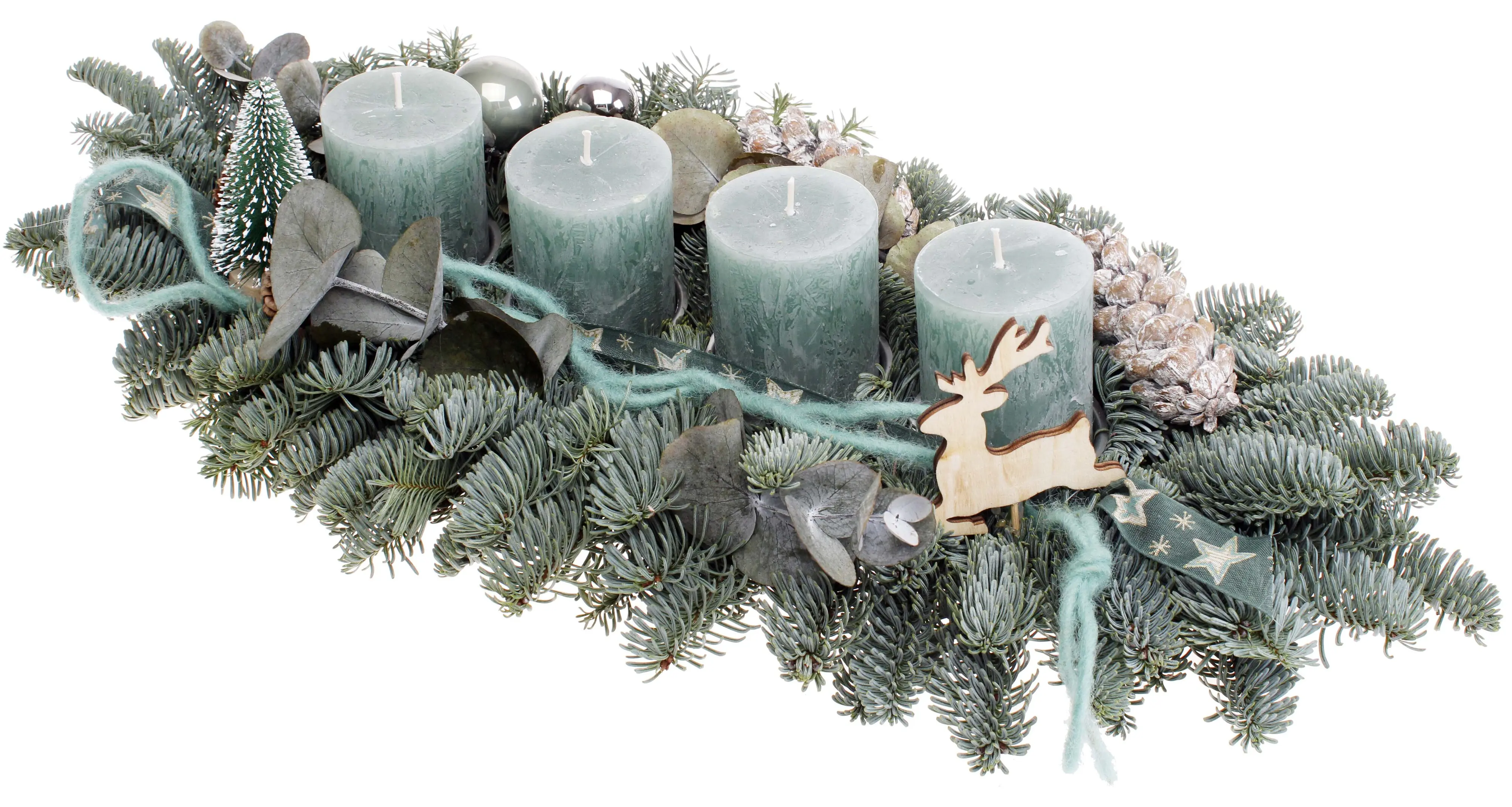 Adventsgesteck mit 4 smaragdgrünen Rustikkerzen L 50 x B 12 x H 25 