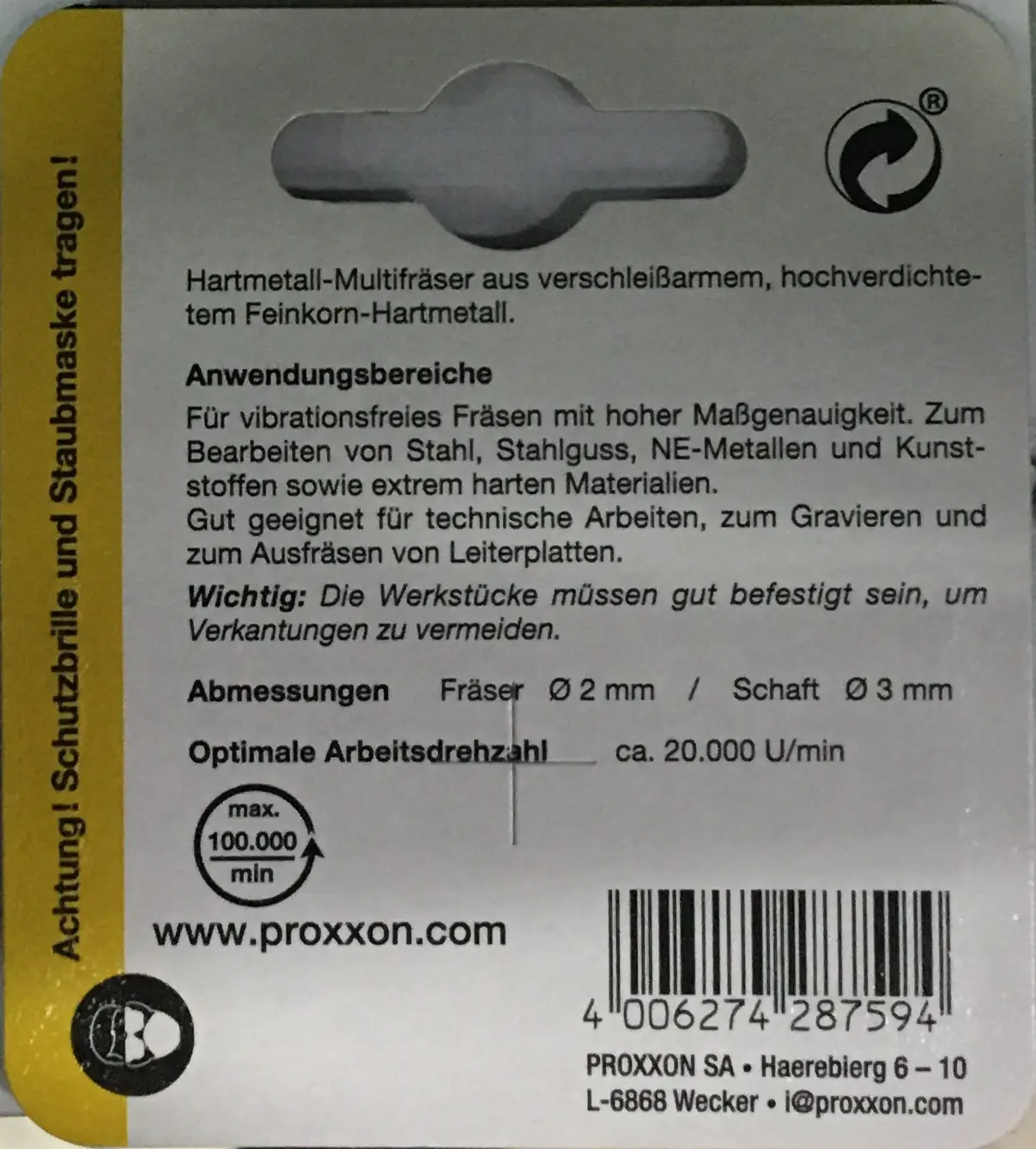 Proxxon Micromot Hartmetall-Multifräser Fräskopf 2,0 x 8,0 mm Proxxon Micromot Hartmetall-Multifräser Fräskopf 2,0 x 8,0 mm
