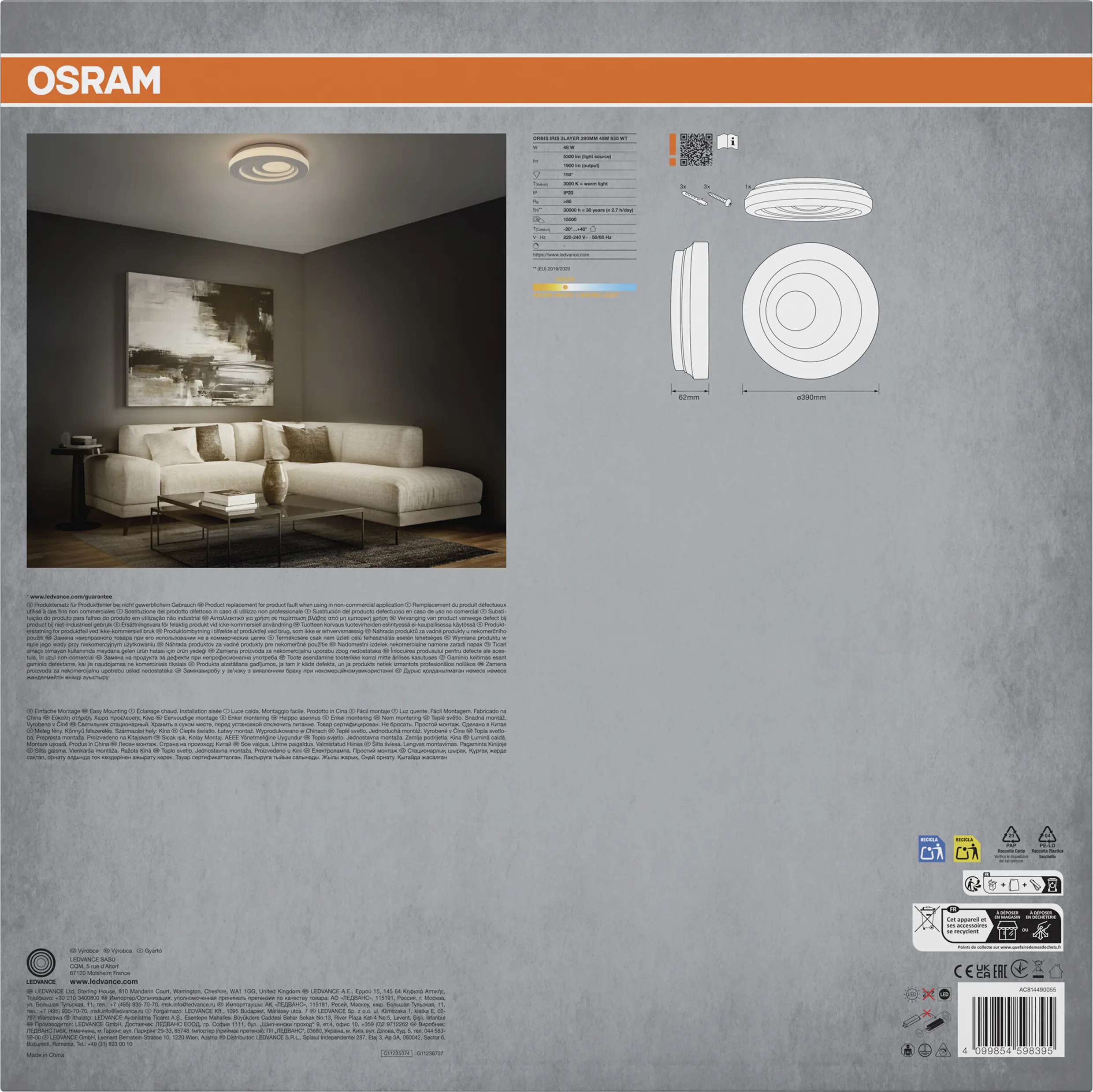 Osram LED-Deckenleuchte Orbis Iris 3Layer Ø39 cm 48 W weiß warmweiß