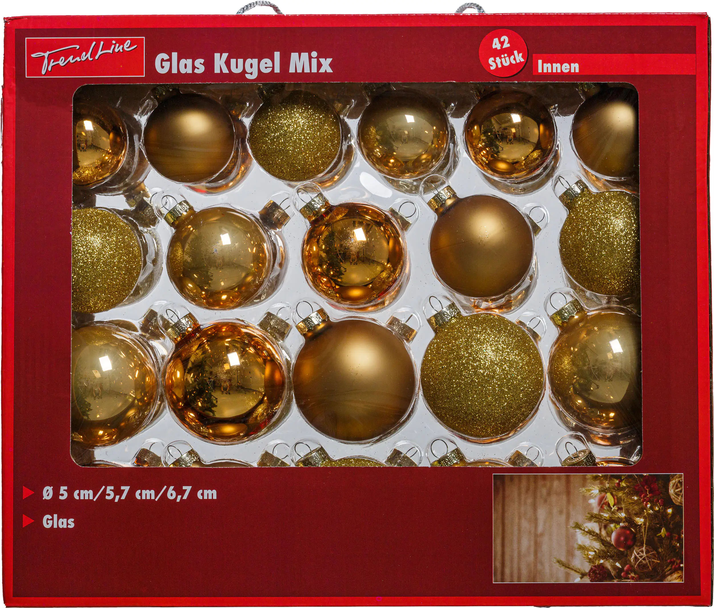 4333692642637_01 TrendLine Weihnachtskugeln aus Glas Ø 5/ 5,7/ 6,7 cm gold 42 Stück