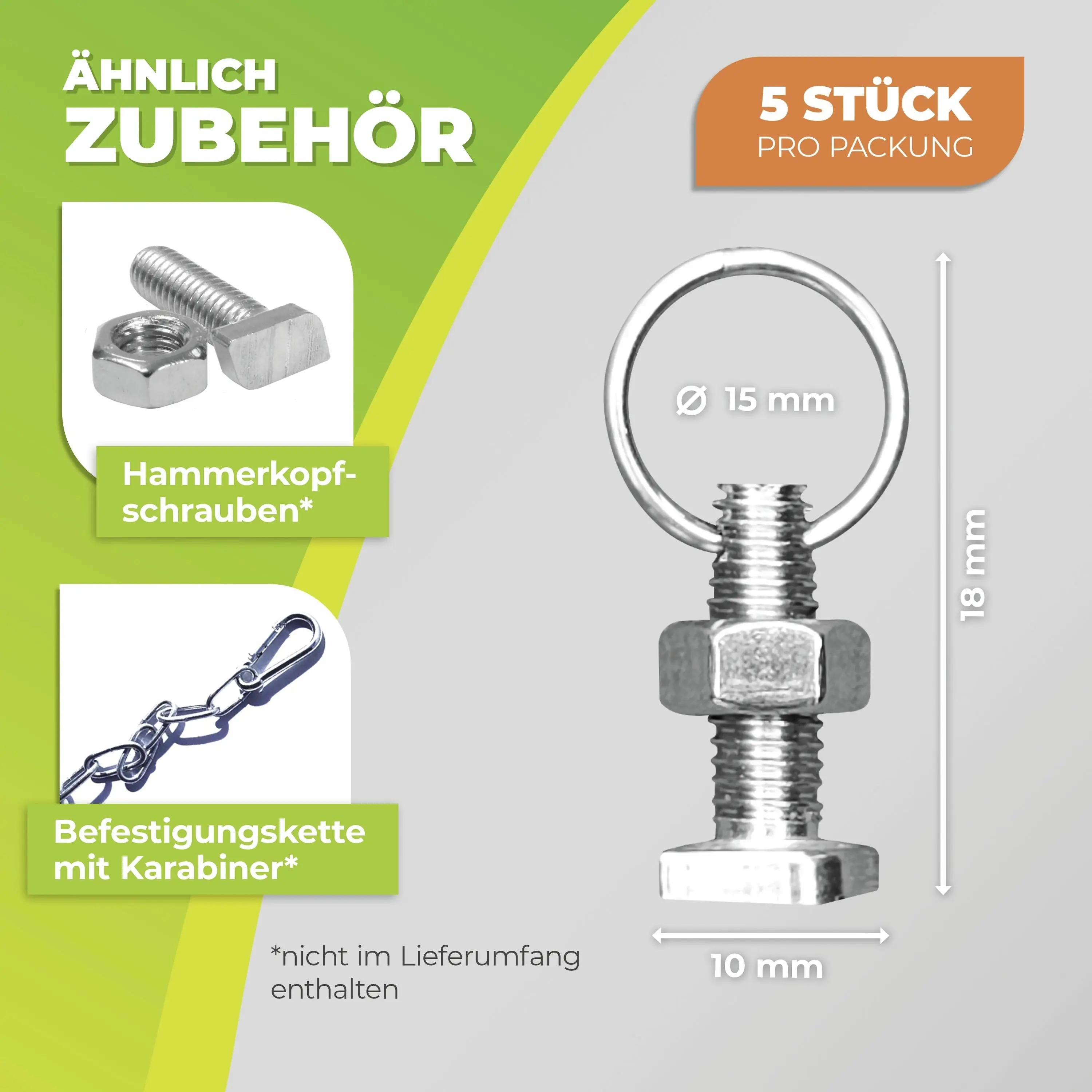 BioGreen Hammerkopfschrauben rostfrei mit Mutter & Ring-Öse M6 x 15 mm – 5 Stück Edelstahl