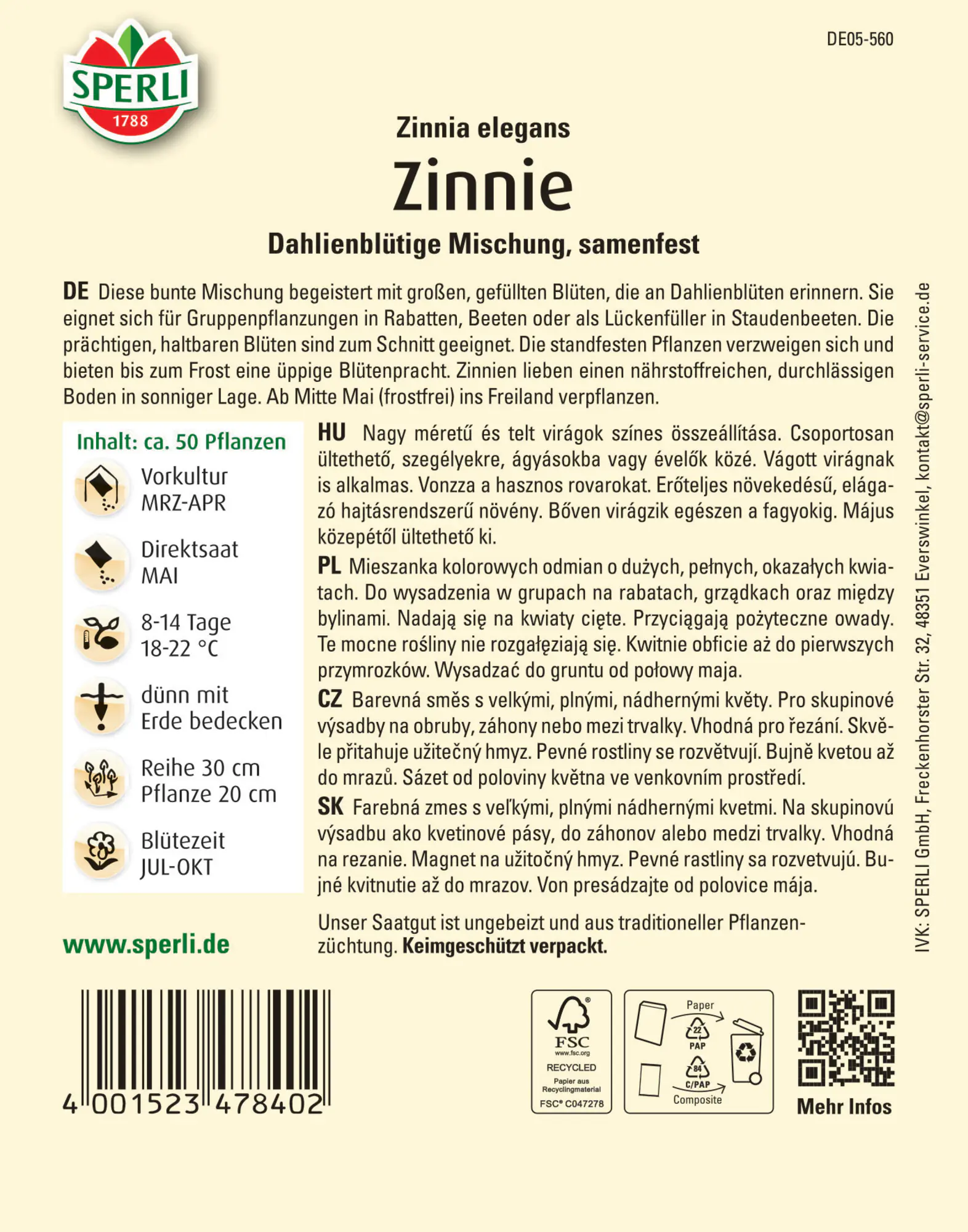 Sperli Zinnie Dahlienblütige Mischung