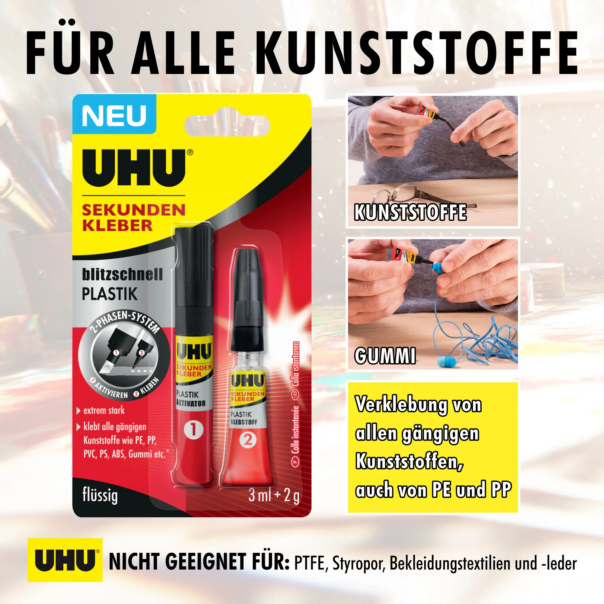 UHU Sekundenkleber Plastik Tube 2 g + Aktivator 3 ml