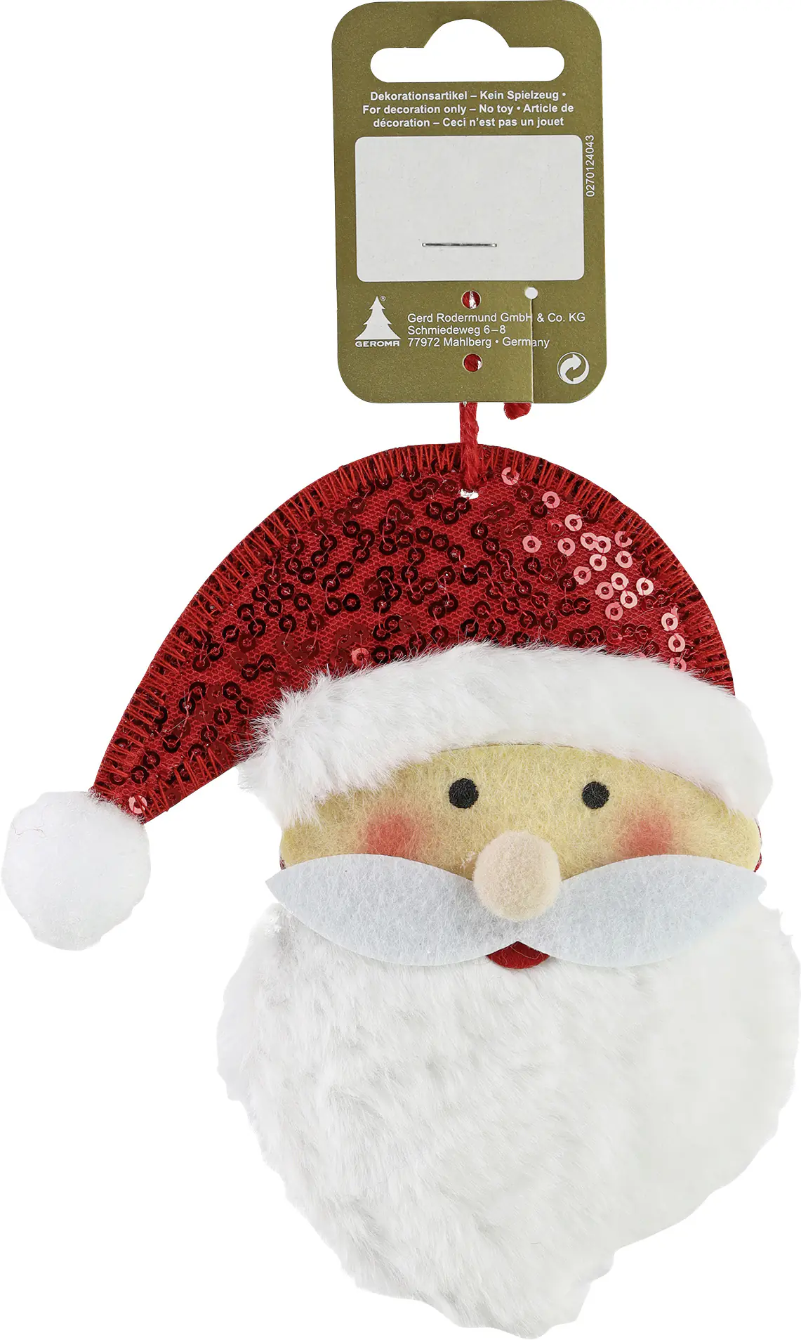 Dekoanhänger Santakopf Filz 14 x 12 cm weiß-rot