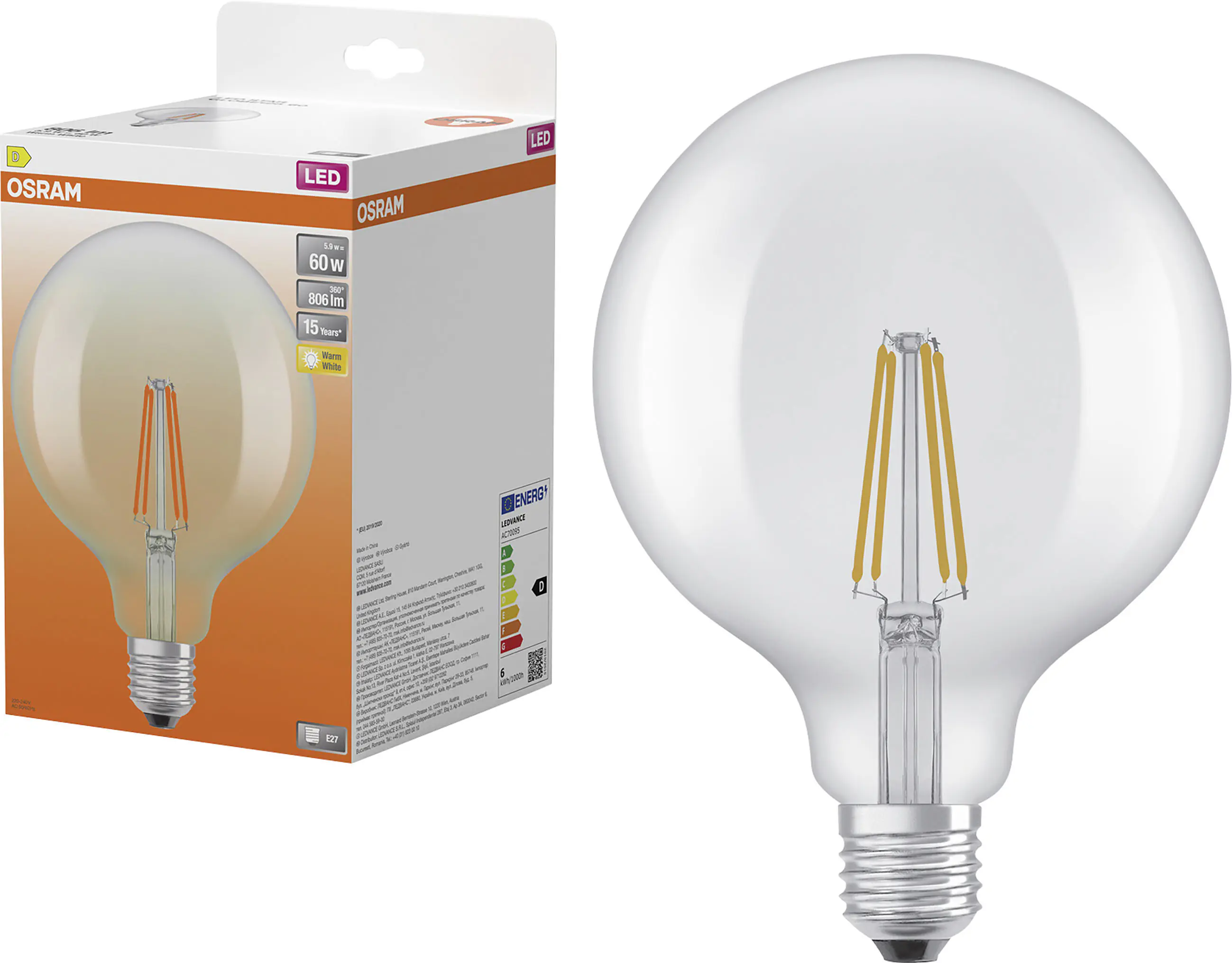 Osram LED Leuchtmittel E27 Star Globe 5,9W klar warmweiß