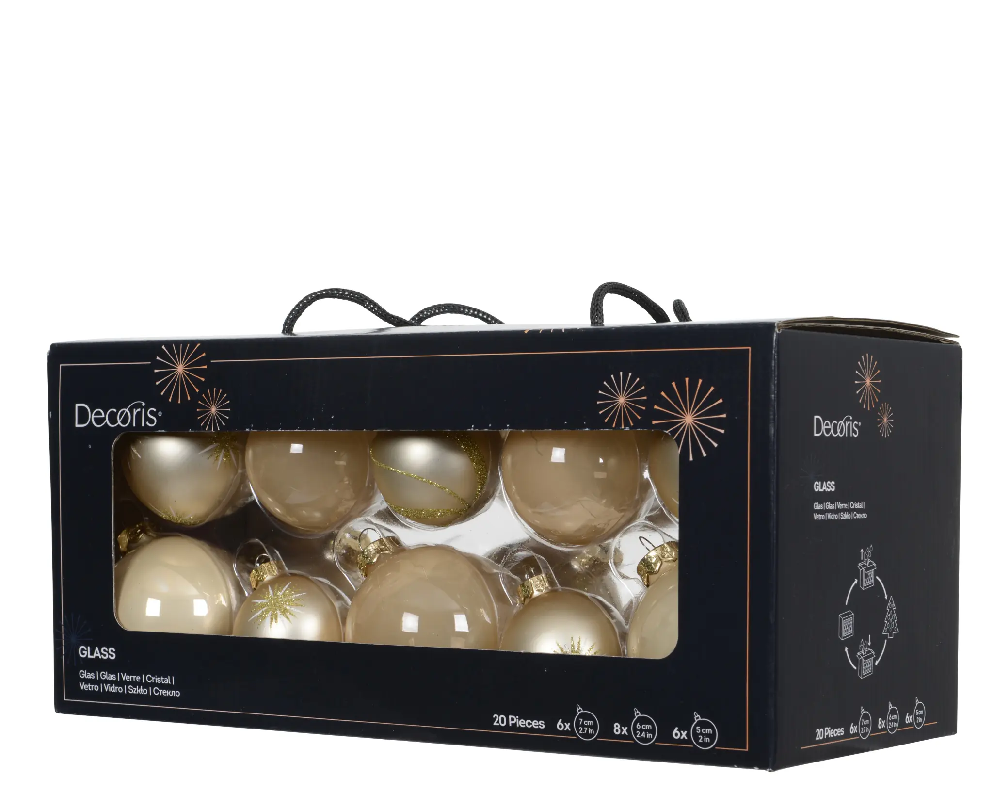 Decoris Weihnachtskugeln aus Glas Ø 5, 6, 7 cm creme-gold 20 Stück