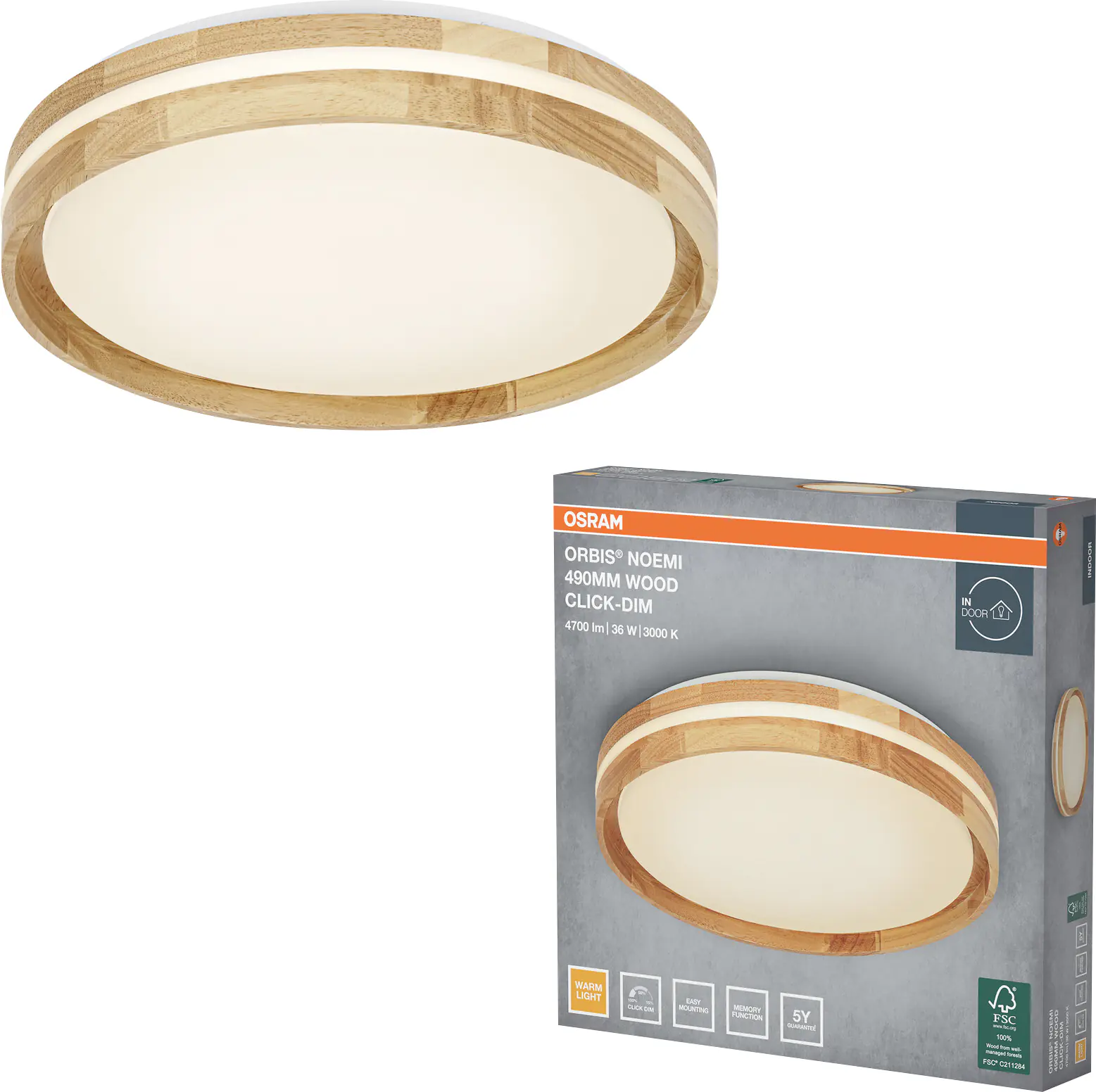 Osram LED-Deckenleuchte Orbis Noemi Wood Ø49 cm 36 W Holzdekor dimmbar
