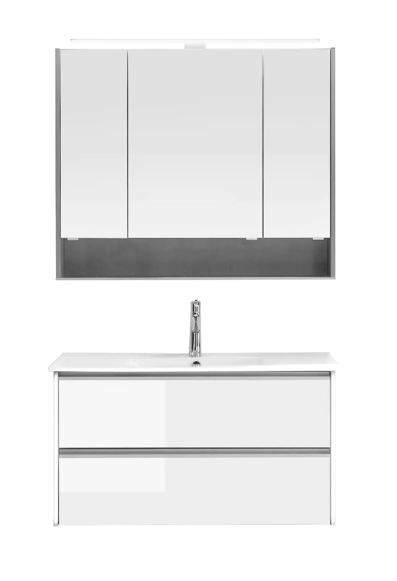 Pelipal Badmöbel-Set 6040 Glas Weiß/Oxid Dunkelgrau mit Keramikwaschtisch + LED-Leuchte 101 cm