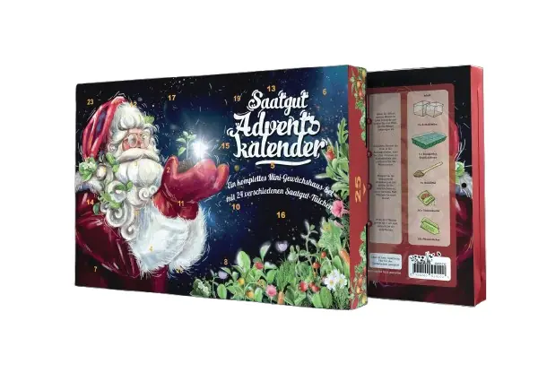 Saatgut Adventskalender Weihnachtsmann mit komplettem Mini Gewächshaus Set Saatgut Adventskalender Weihnachtsmann mit komplettem Mini Gewächshaus Set