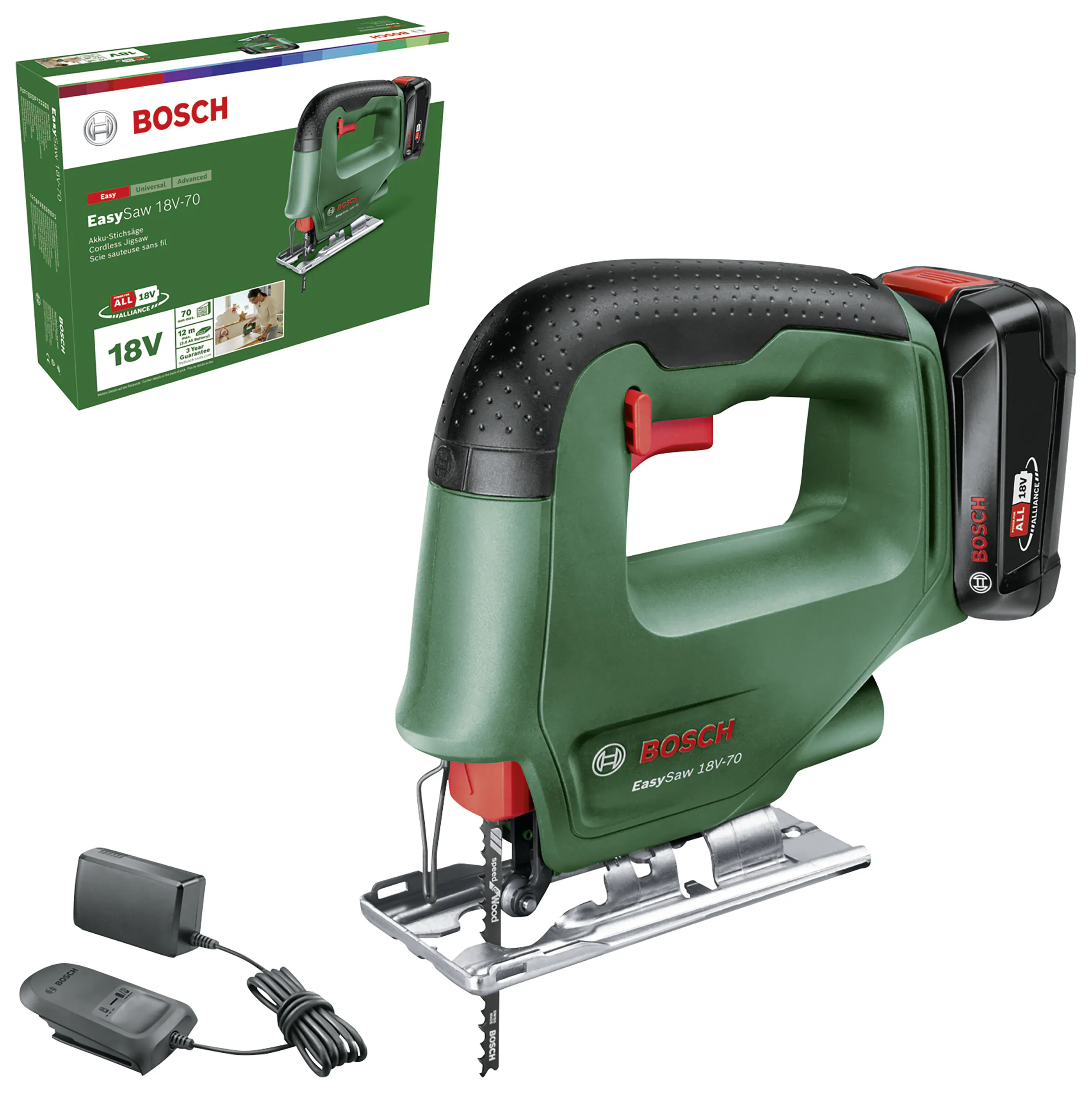 Bosch Akku-Stichsäge EasySaw 18V-70 2-Ah-Akku & Ladegerät Bosch Akku-Stichsäge EasySaw 18V-70 2-Ah-Akku & Ladegerät