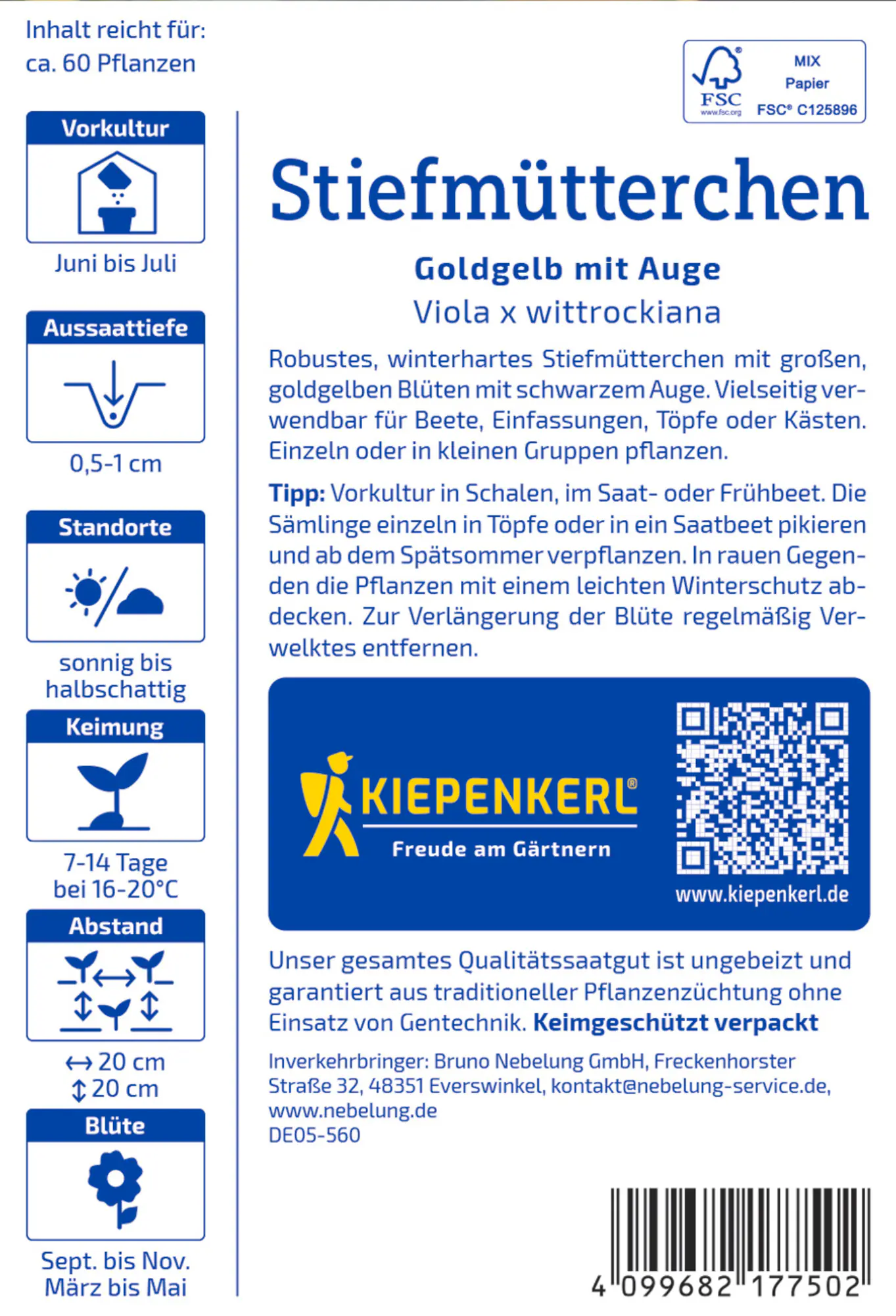 Kiepenkerl Blumensamen Stiefmütterchen Goldgelb mit Auge für ca. 60 Pflanzen
