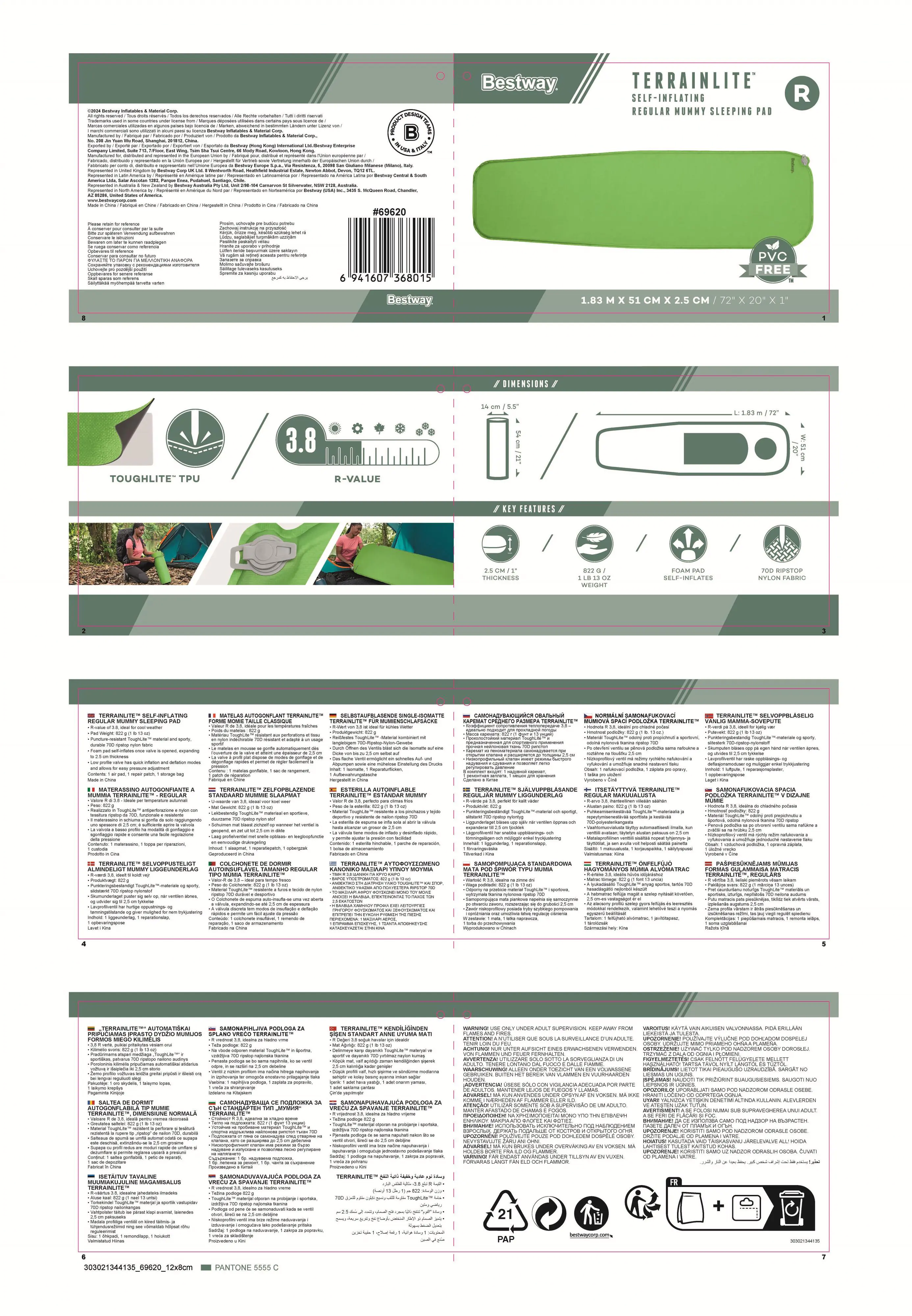 Bestway Isomatte selbstaufblasend für Schlafsäcke grün 183 x 51 x 2,5 cm