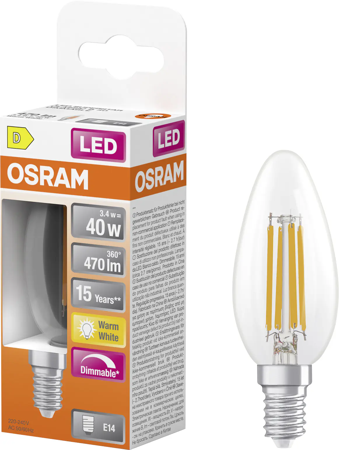 Osram LED Leuchtmittel E14 Superstar Classic 3,4W klar dimmbar warmweiß