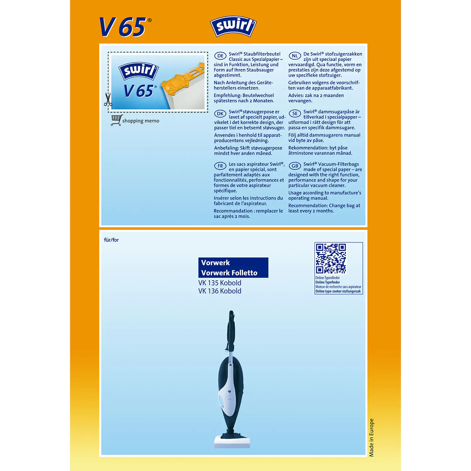 Swirl V 65 Spezialpapier Staubsaugerbeutel 4 Staubbeutel