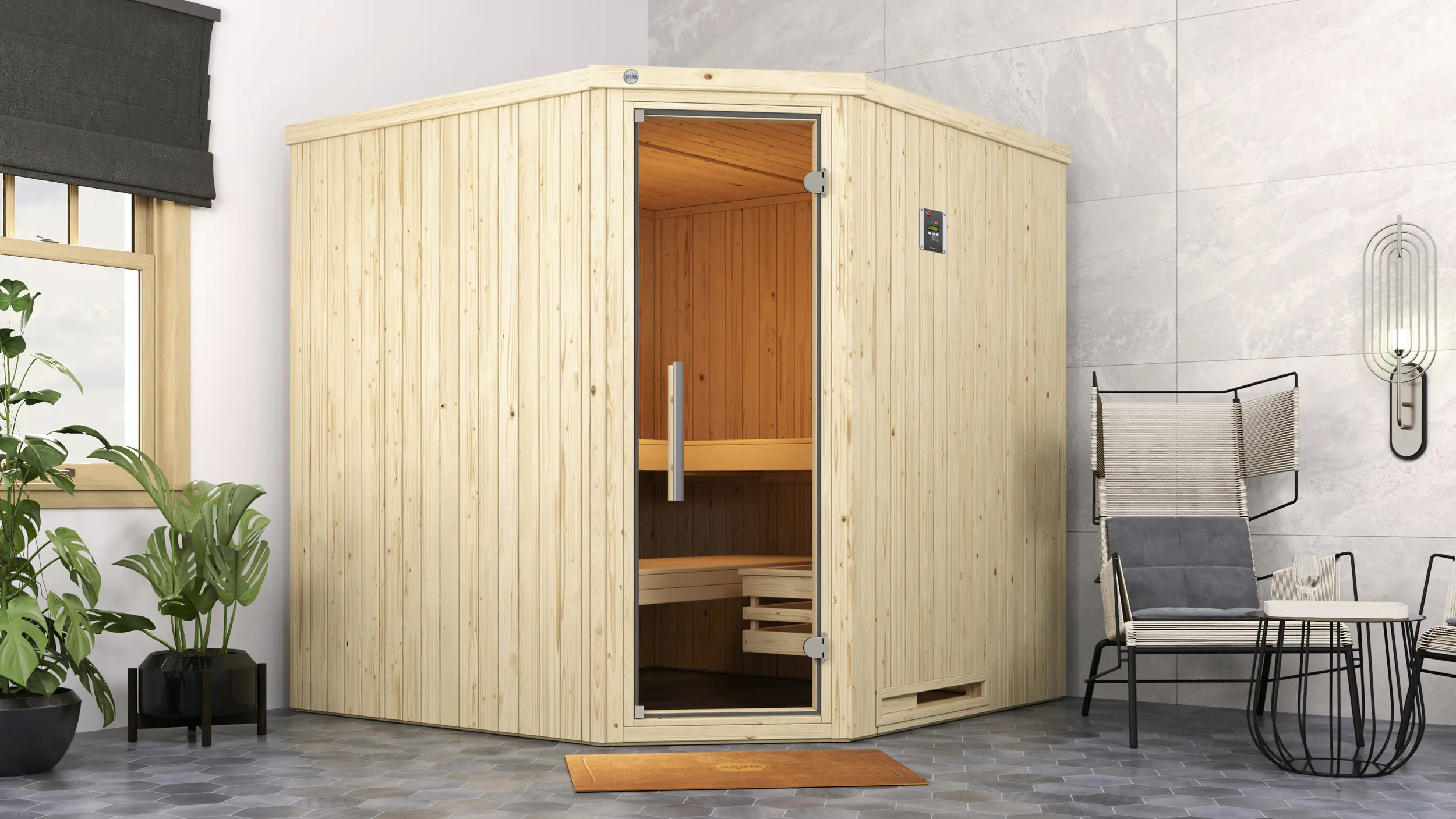 Weka Element-Ecksauna Varberg 3 GT BioS mit Glastür
