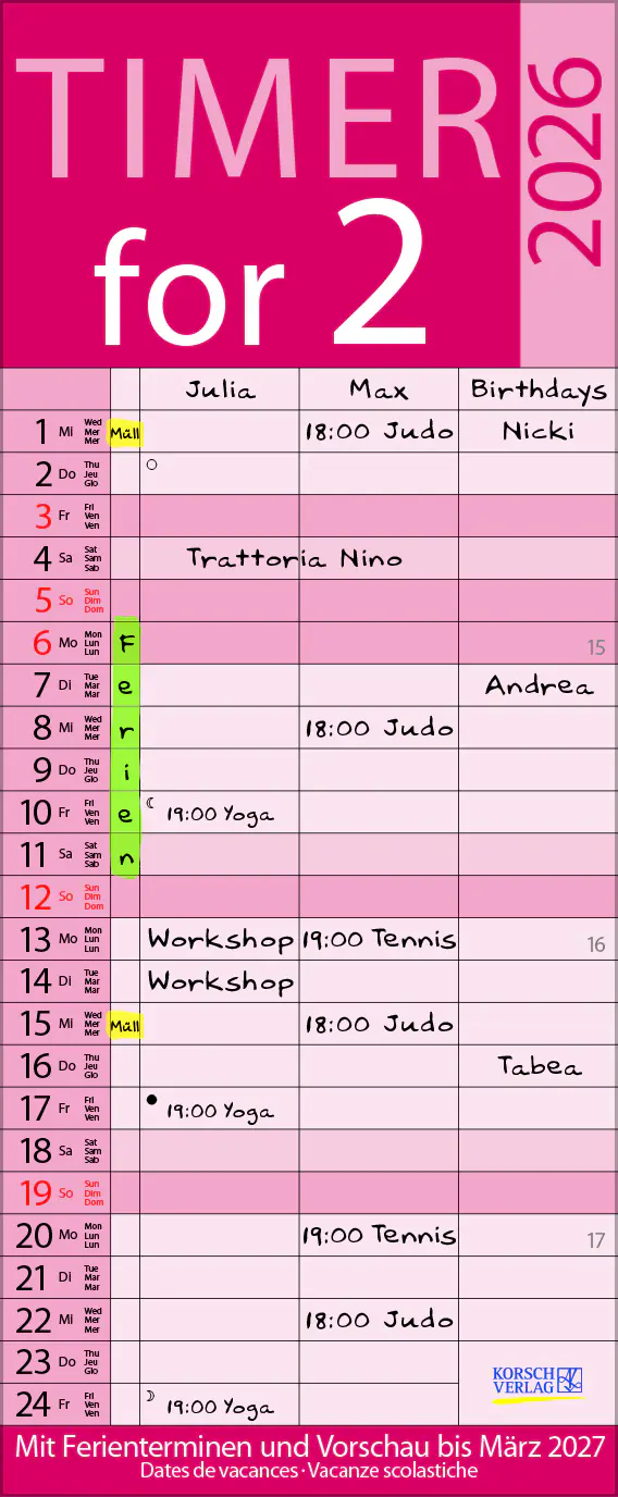 Korsch Kalender Familientimer Timer for 2 Lifestyle 2026
