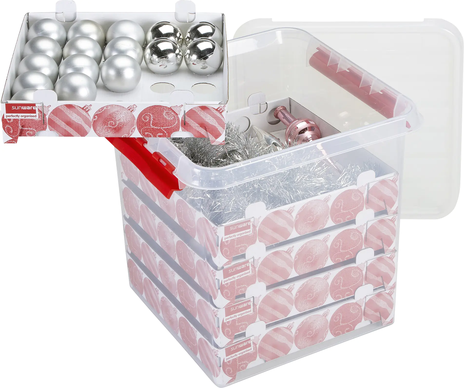 Sunware Weihnachtsbox Q-line 38L mit Einsatz für 125 Kugeln transparent rot