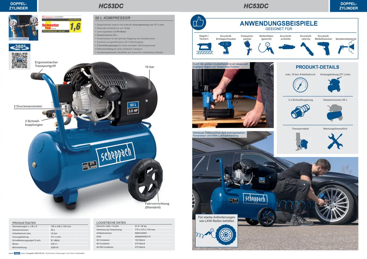 Scheppach Kompressor HC53DC Doppelzylinder 50 l 2200 W 10 bar 412 l/min