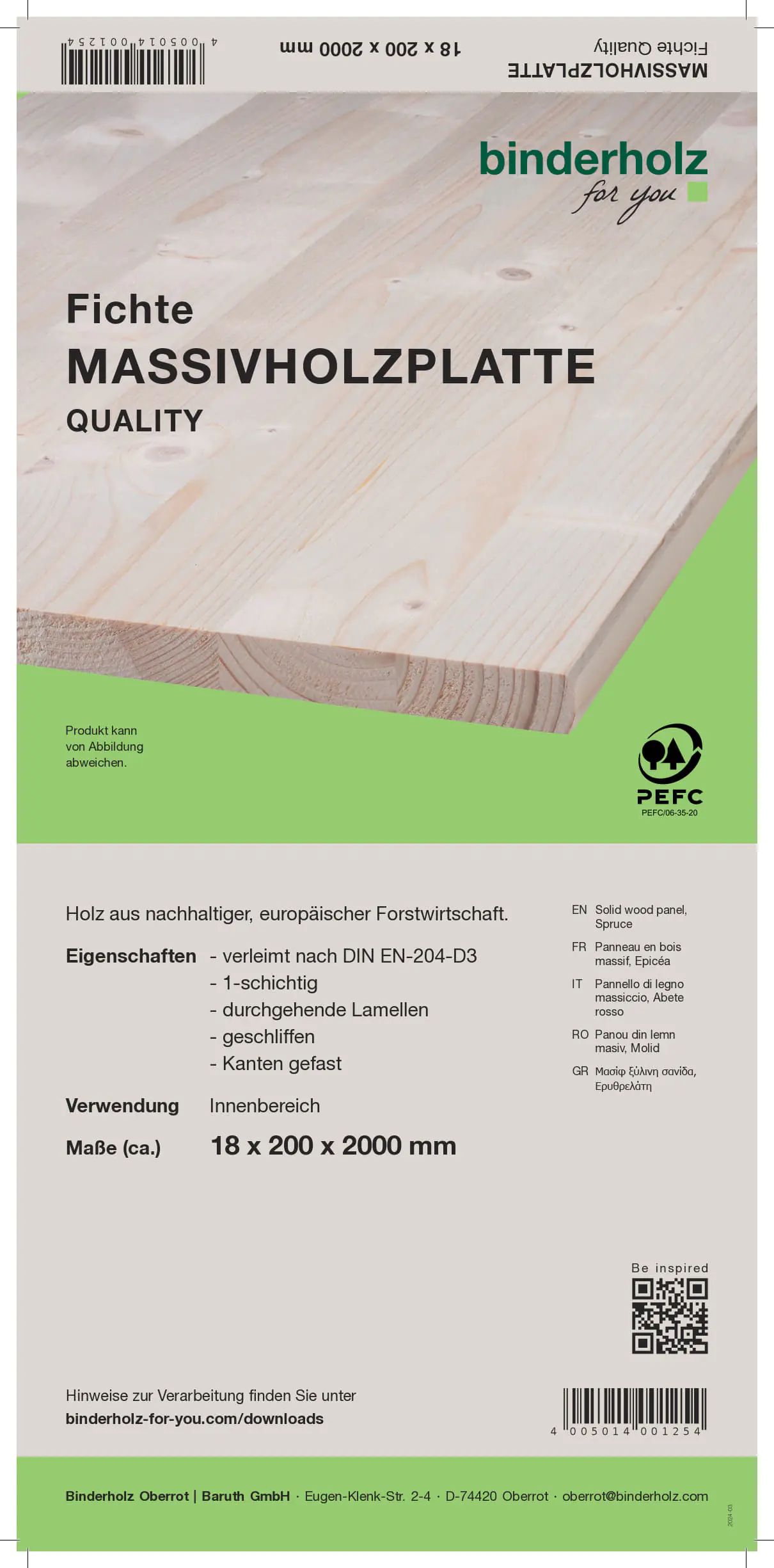 Massivholzplatte Fichte Oberfläche geschliffen 200 x 20 cm 18 mm