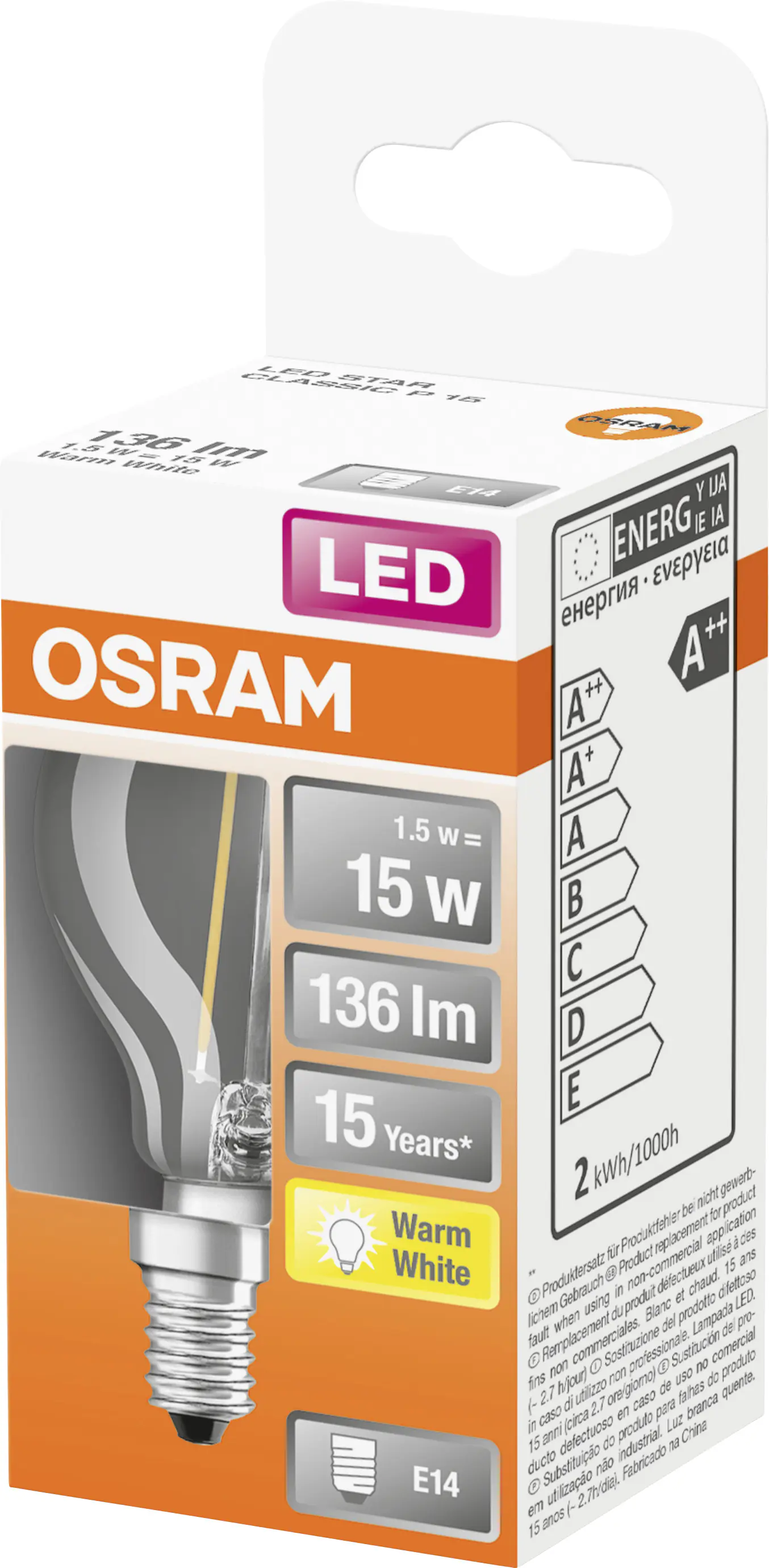 Osram LED Leuchtmittel Classic P15 E14 1,5W warmweiß, klar