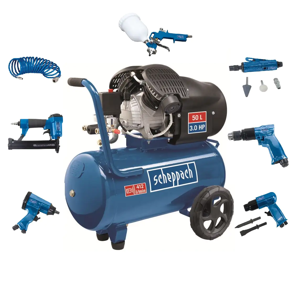 Scheppach Kompressor-Set 2200 W 10 bar 50 L 412 l/min inkl. Zubehör