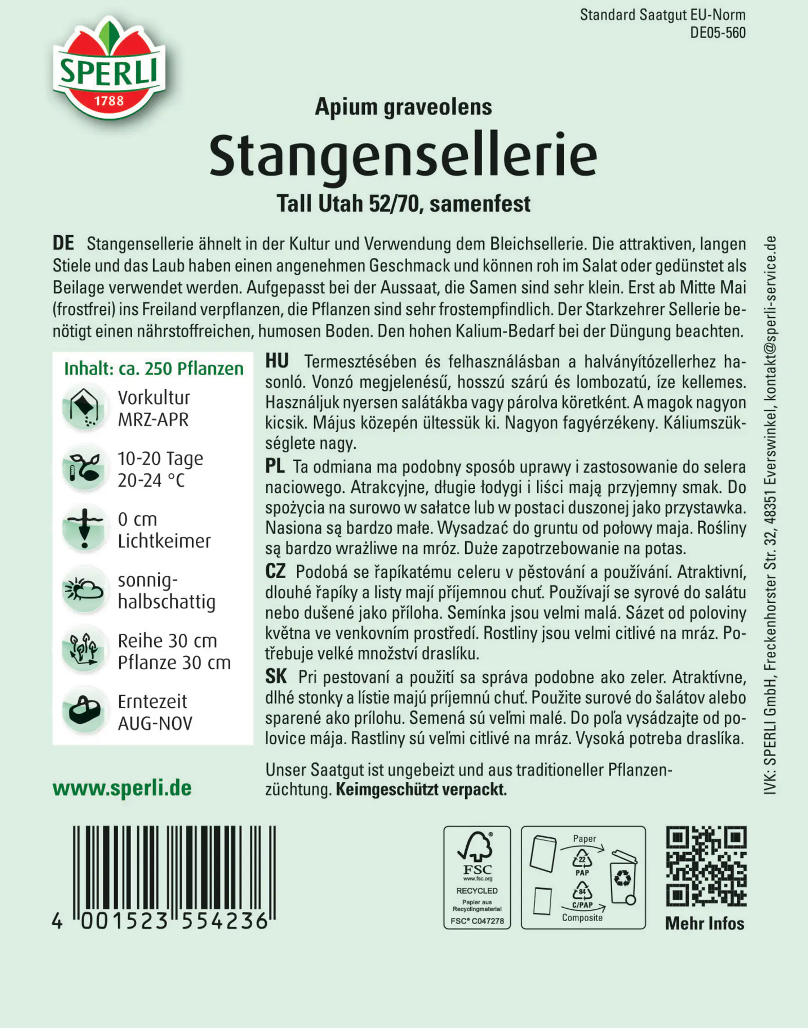 Sperli Saatgut Stangensellerie Tall Utah 52/70 für ca. 250 Pflanzen