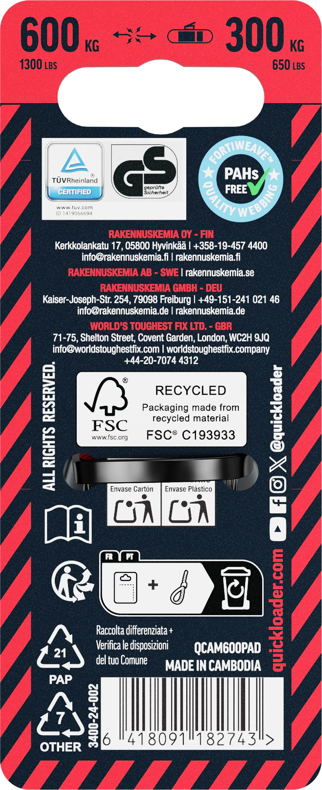 QUICKLOADER® Spanngurt Cambuckle mit Gurtklemme 25 mm x 3 m 1 Stück rot