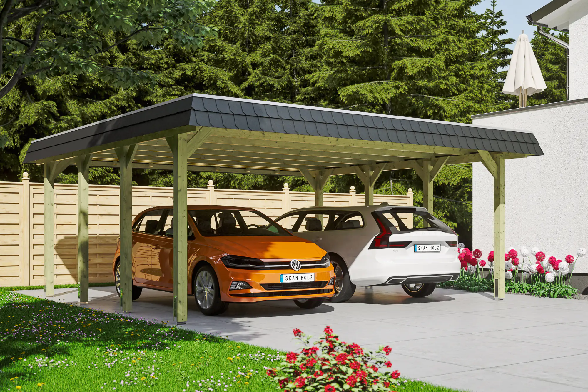 4018211034086 SKAN HOLZ Carport Spreewald 585 x 589 cm mit EPDM-Dach, schwarze Blende