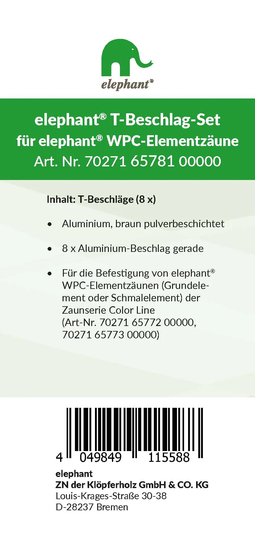 elephant T-Beschlagset Color Line Grund-/Schmalelement braun 8 Stück