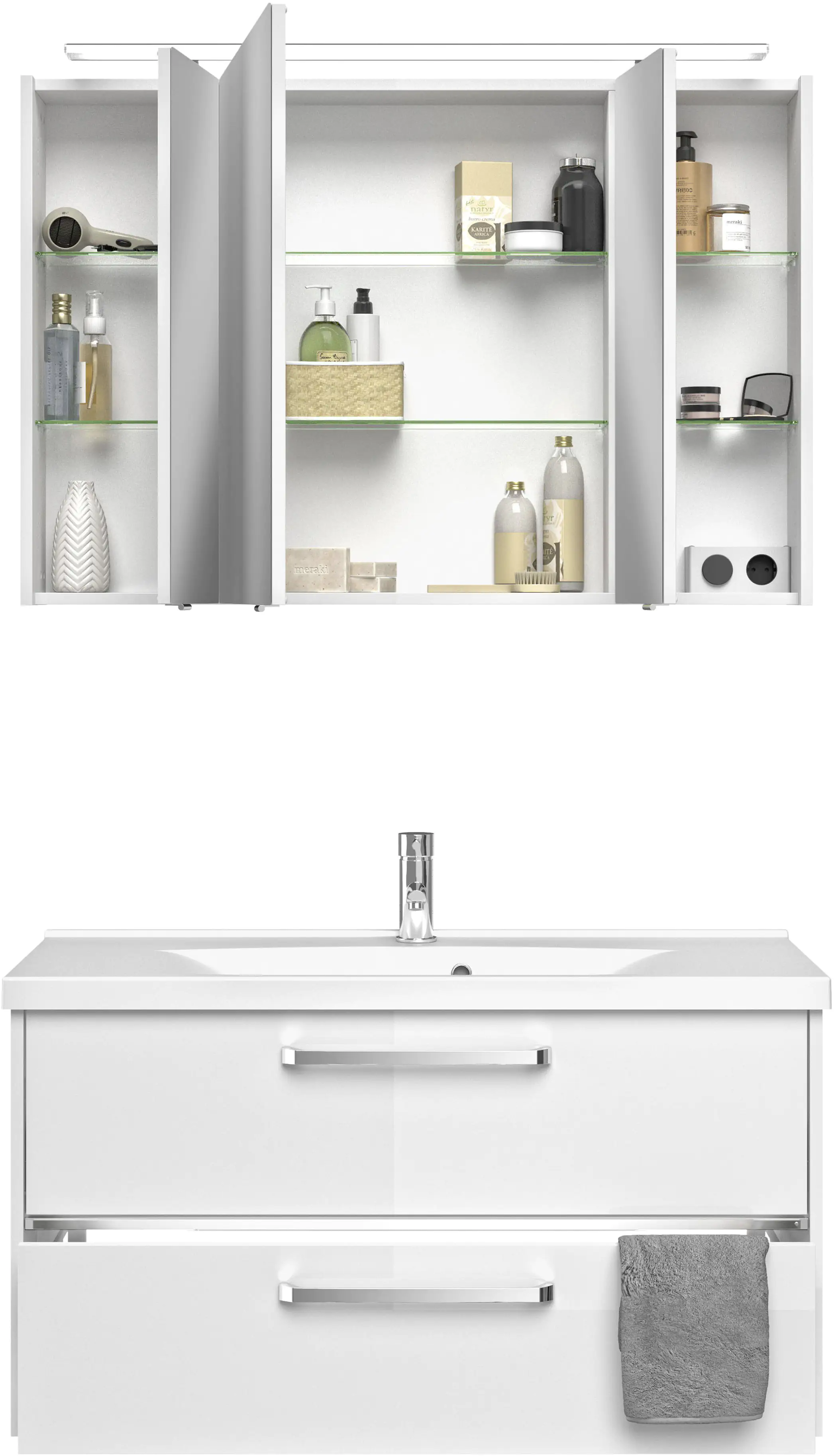 Primaster Badmöbel-Set Berlin weiß 105 cm LED-Leuchten, Mineralgusswaschtisch