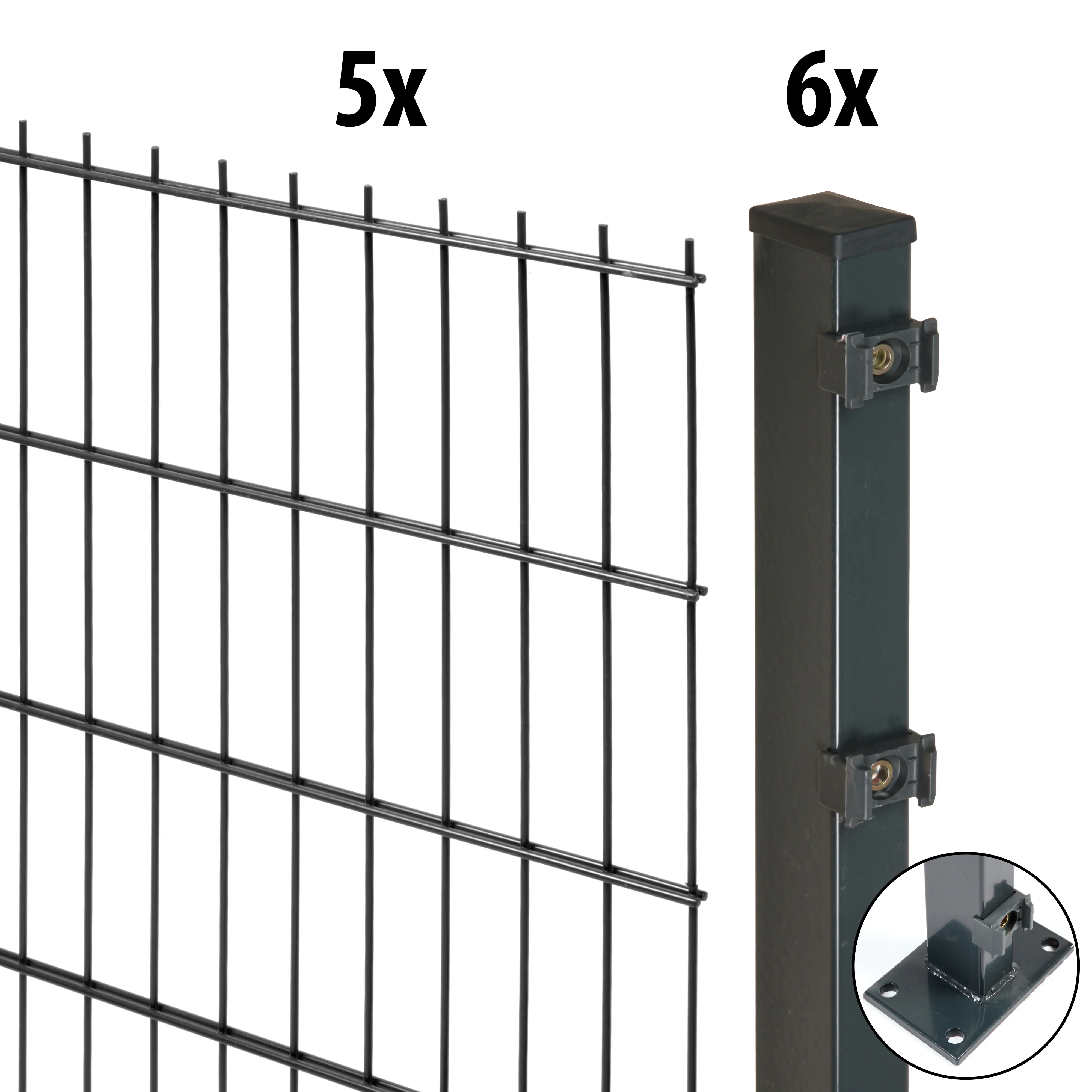 Floraworld Doppelstabmatten-Zaun Set Comfort 10 m 201 x 103 cm mit Bodenplatte & 6 Pfosten 109 cm anthrazit