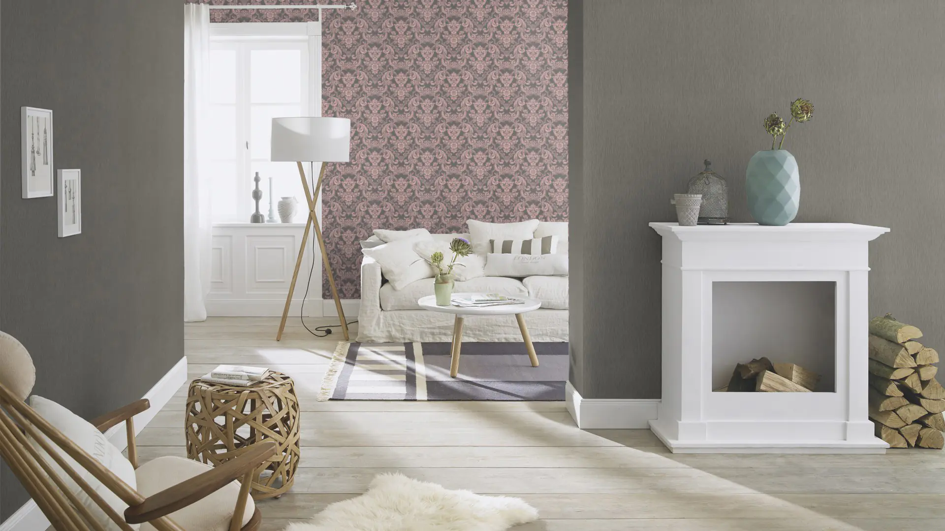 Rasch Vliestapete 570649 Trianon XIII ornament grau-rose, 10,05 x 0,53 m